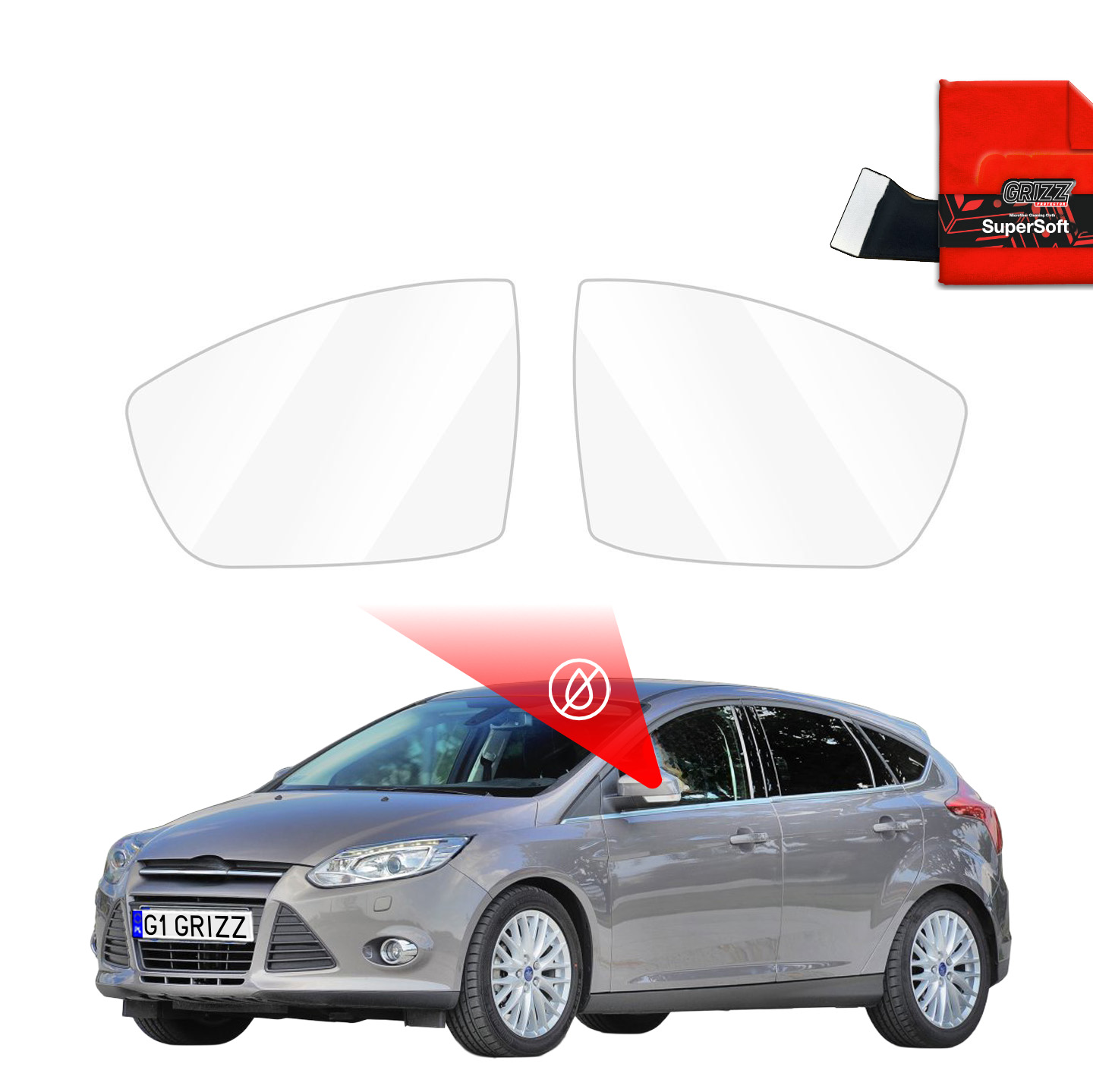 Two GrizzProtector rain guards for Ford Focus 3, highlighted with a red cloth and beam, show ZeroDrop protection.