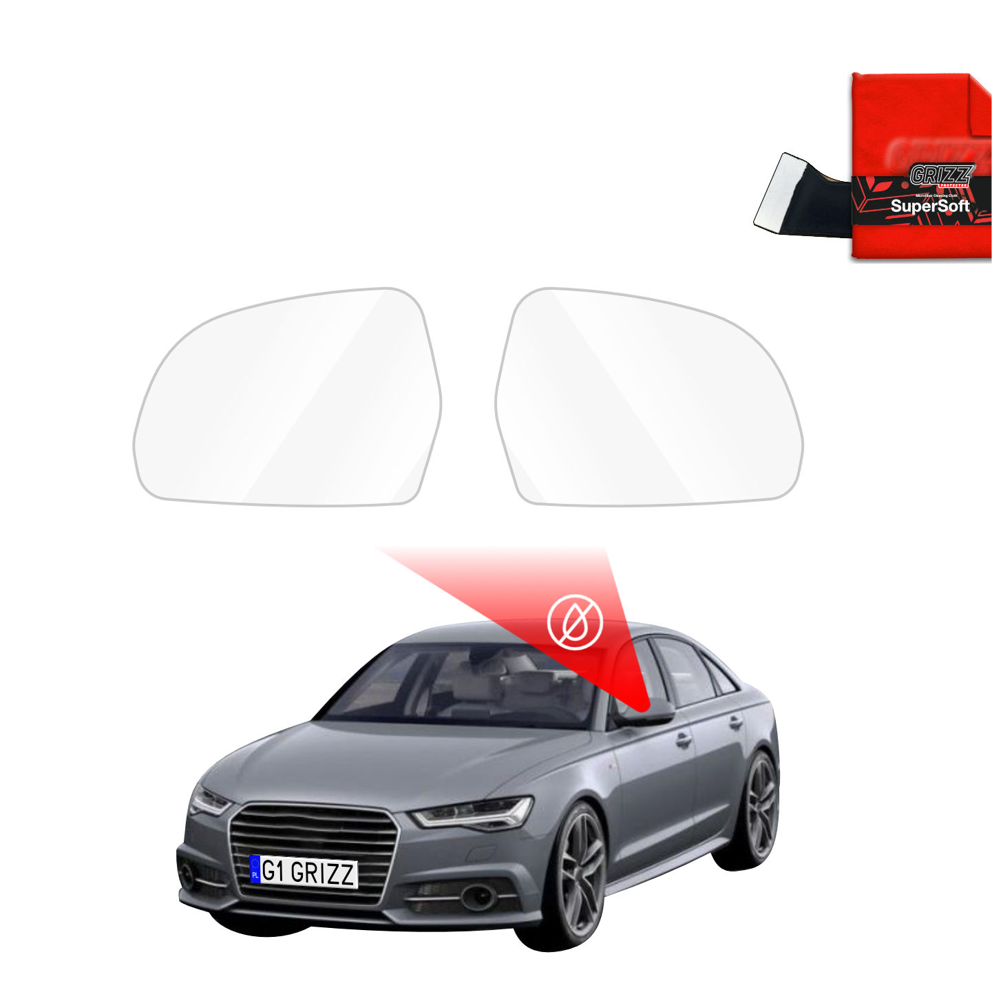 Two GrizzProtector Regenschutzfolie for Audi A6 C7 Sedan (2011-2014) with ZeroDrop sheet & cleaning cloth included.