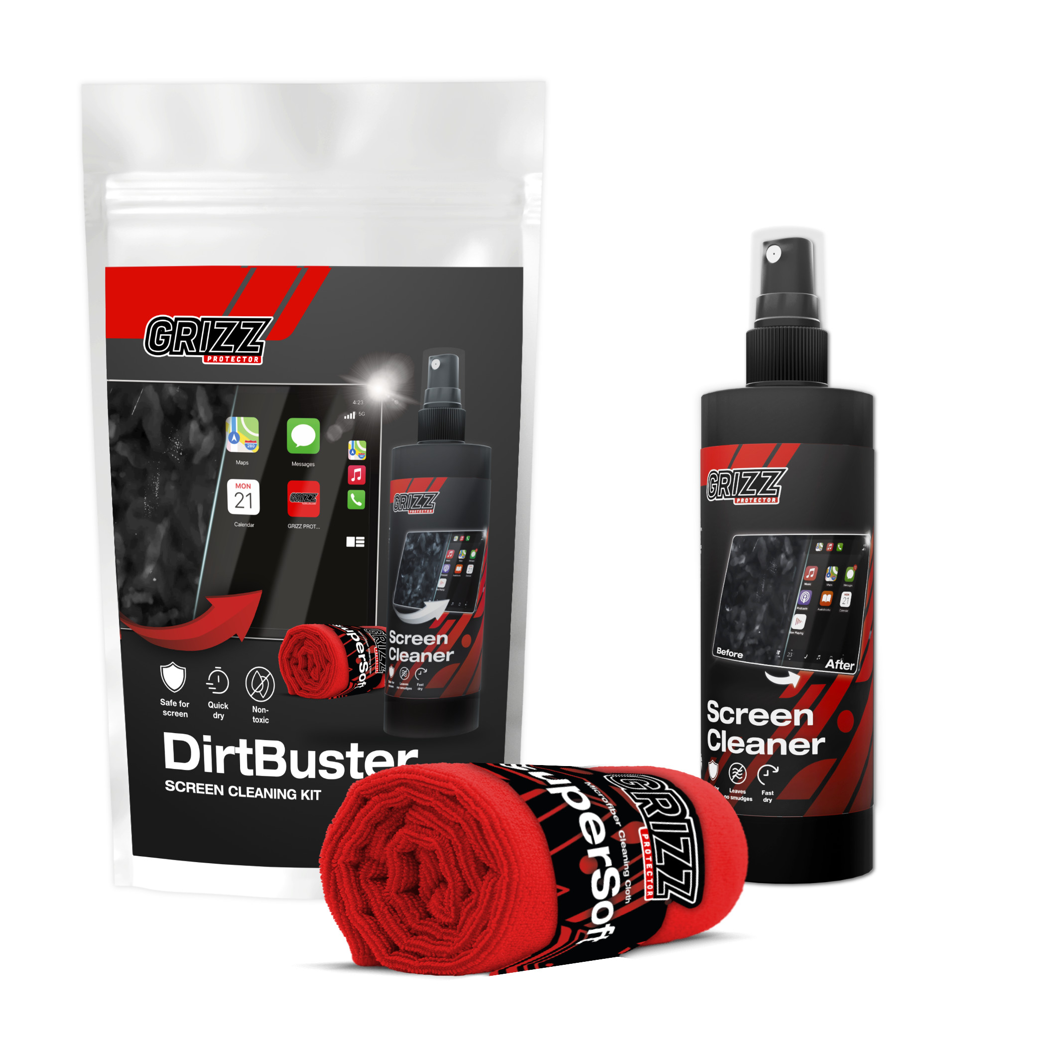 GrizzProtector Reinigungsset DirtBuster: Display-Spray & rotes Mikrofasertuch für streifenfreie Bildschirme.