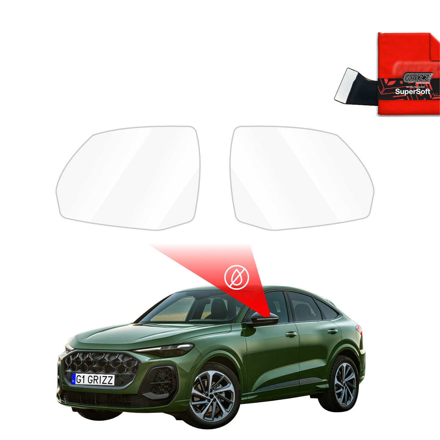 Two GrizzProtector mirror rain covers for Audi Q5 Sportback (2020-2025), shown above a green SUV with red cloth.