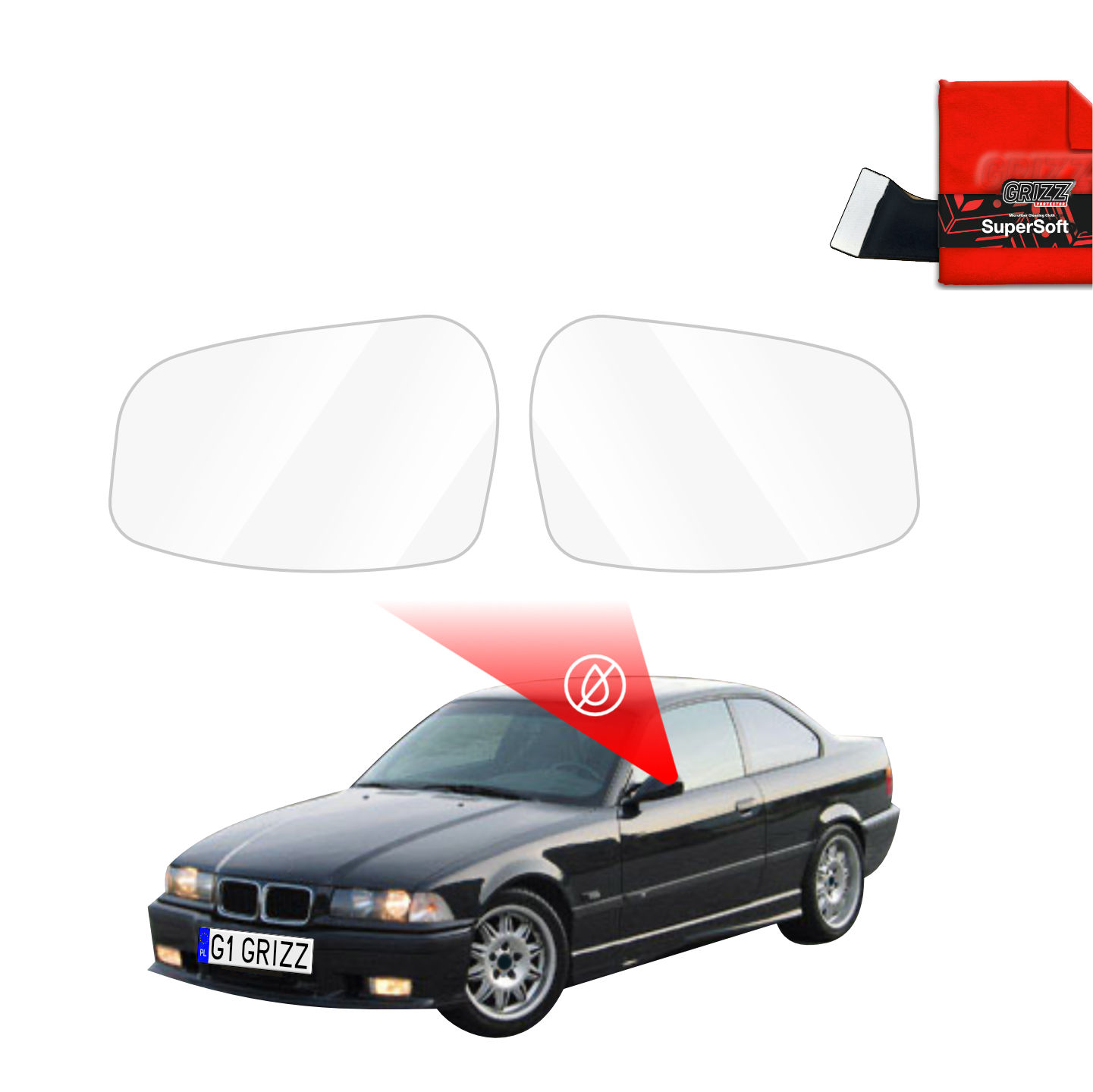 Two GrizzProtector Regenschutzfolie for BMW 3 E36 Coupe (1991-1999) side mirrors, with red warning symbol by windshield.