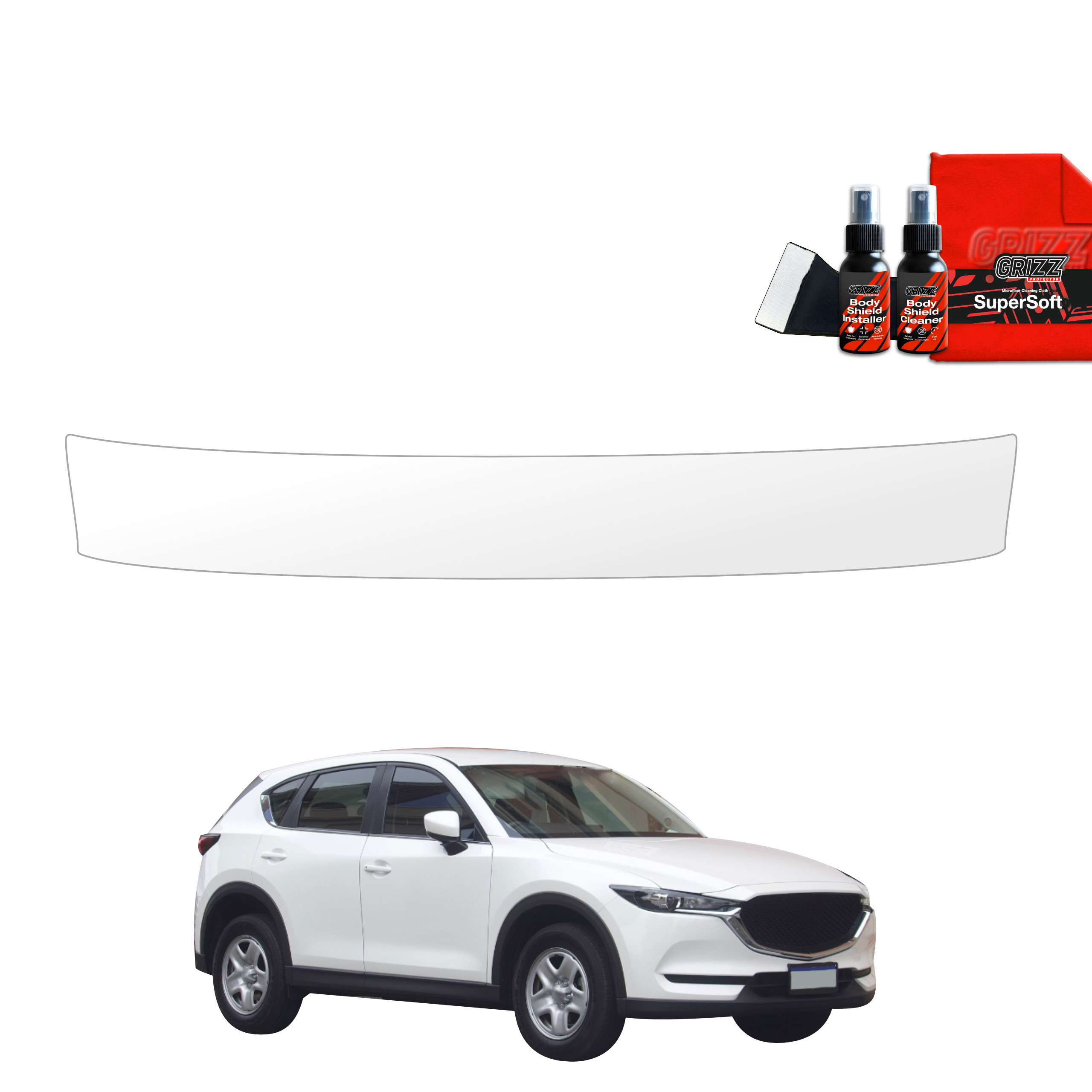 White Mazda CX-5 with GrizzProtector protective film for loading edge, cleaning spray, and cloth displayed above the car.