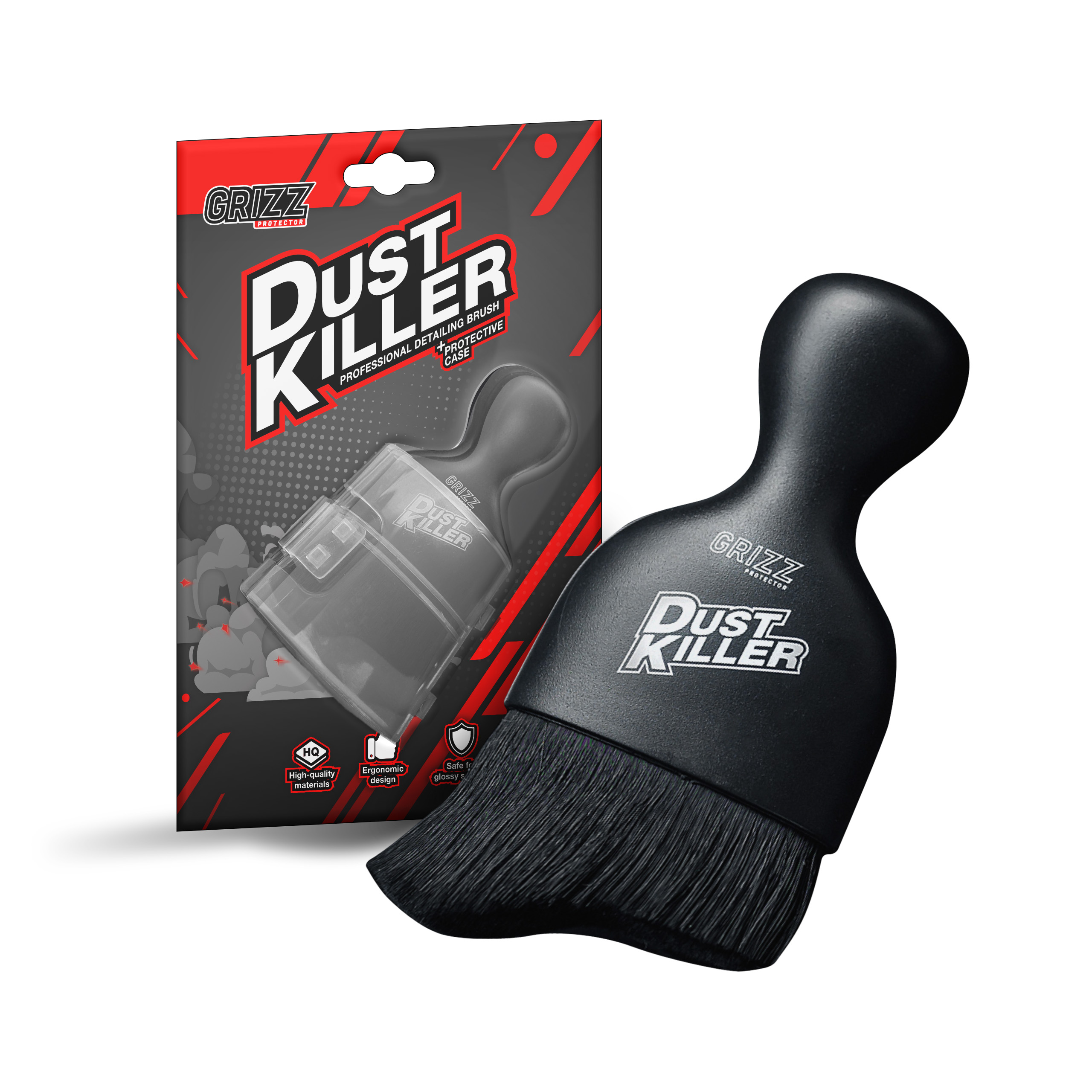 A black GrizzProtector Dust Killer Auto Detailbürste is shown next to its bold red and black packaging with product images.