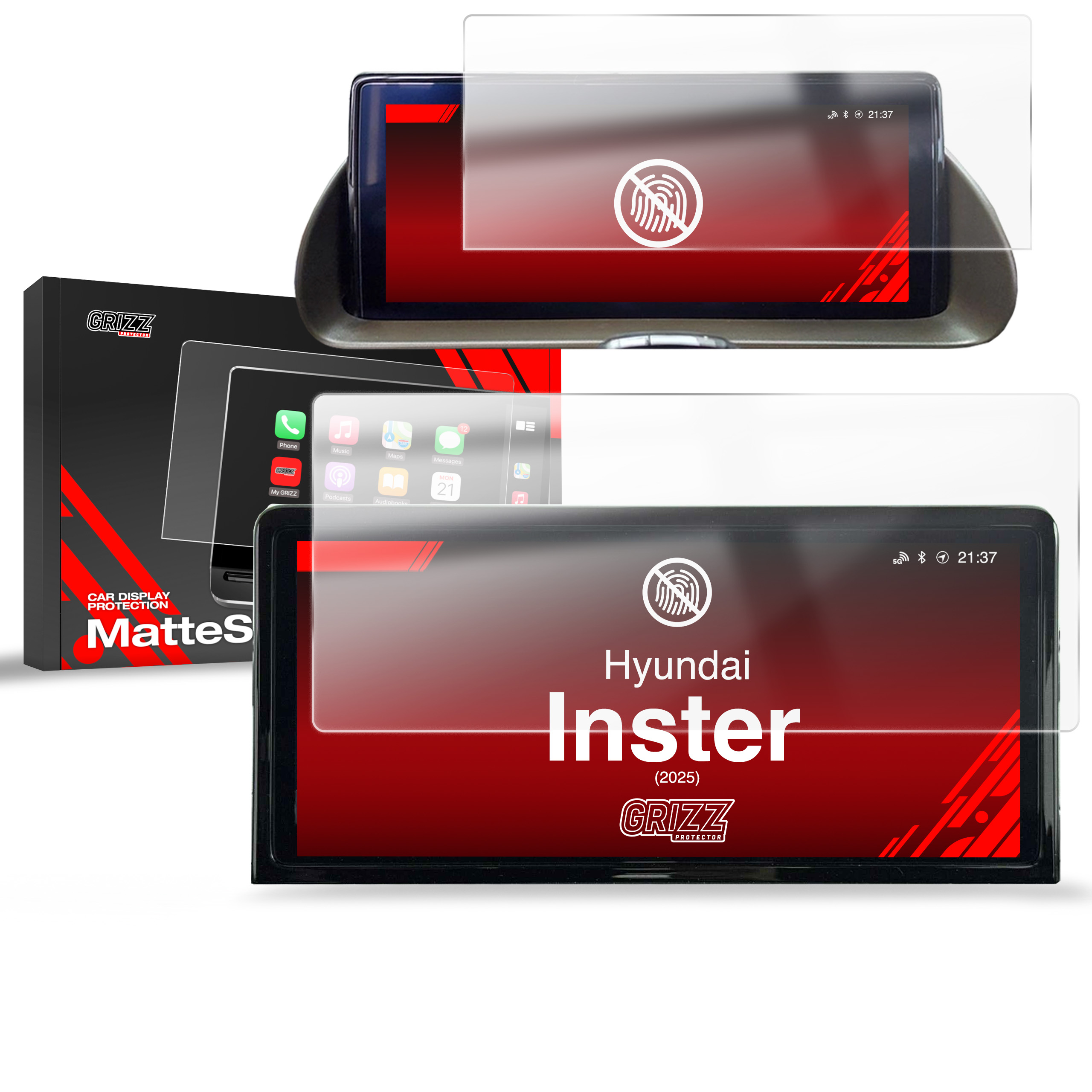 Două protectoare de ecran mate GrizzProtector 2in1 pentru Hyundai Inster 10,25" (2025) sunt prezentate împreună cu ambalajul.