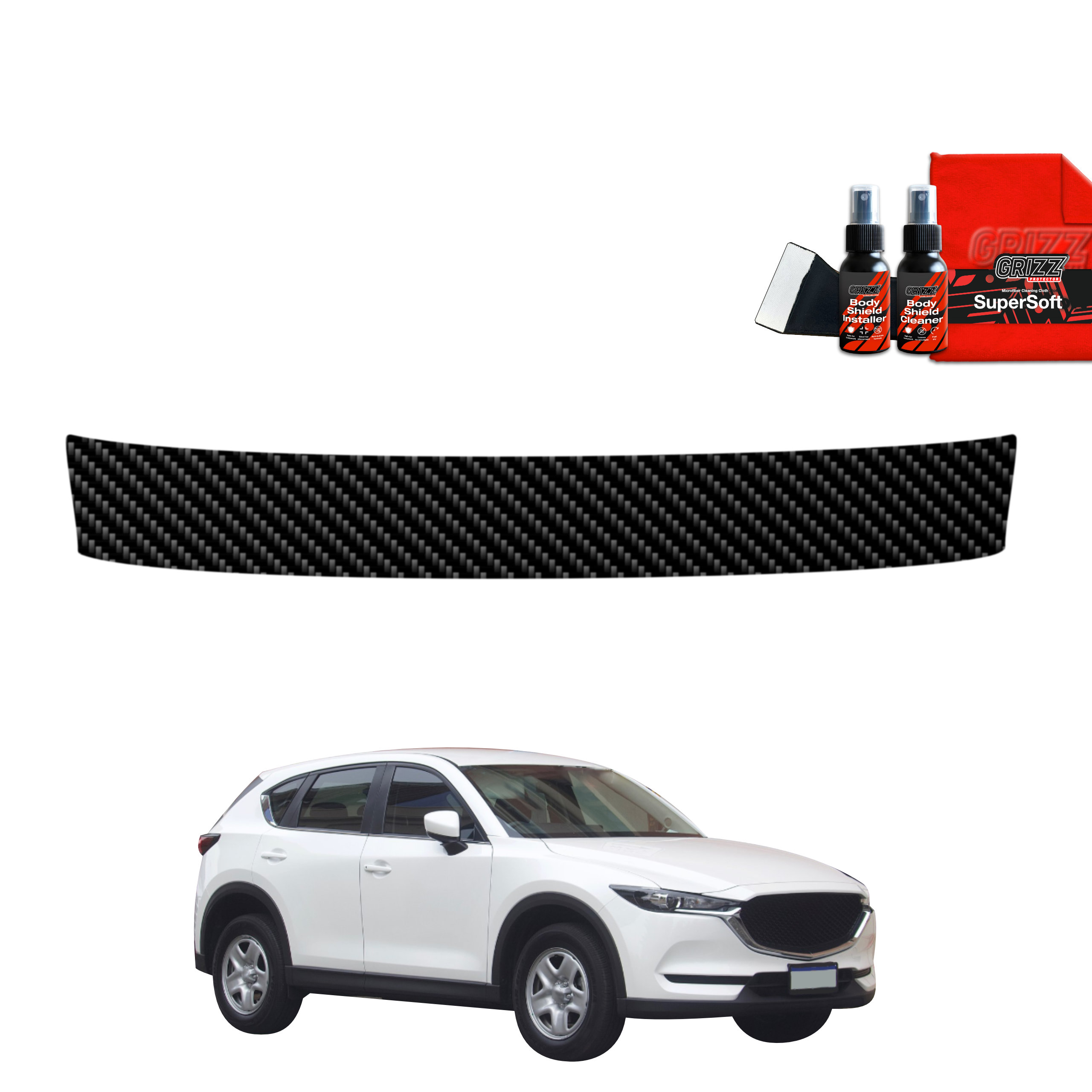 GrizzProtector koolstof beschermfolie voor Mazda CX5 KF (2016-2025)—ideale laadrandbescherming voor witte SUV's.