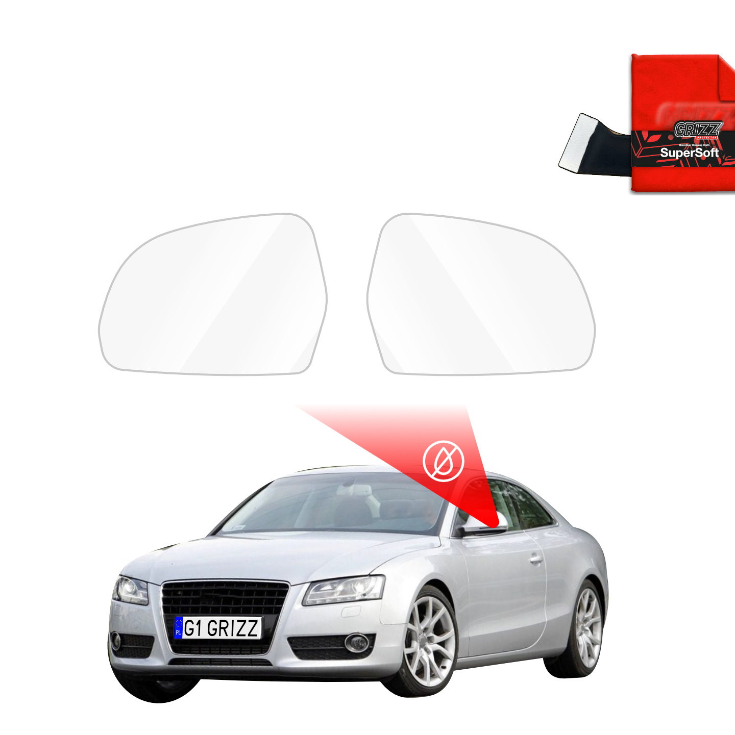GrizzProtector Regenschutzfolie für Außenspiegel, passend für Audi A5 8T Coupe 3D (2007-2011), rote Anti-Glare-Markierung.