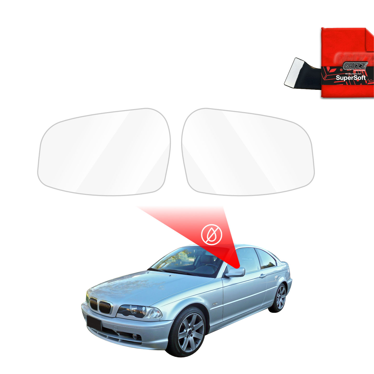 Two GrizzProtector Regenschutzfolie for BMW 3 E46 Coupe (1999-2002), with red cloth, shown above a silver car.