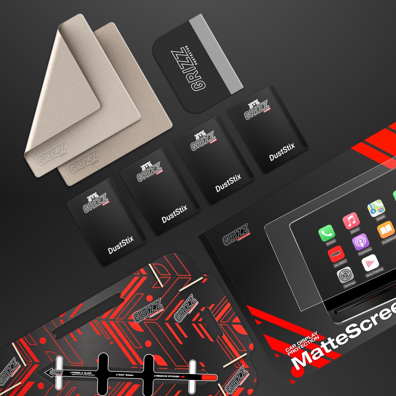 Folie de protecție GrizzProtector pentru ecranul Cupra Formentor 10" (2020-2024) mată, cu lavete, îndepărtător de praf și unelte pe negru.