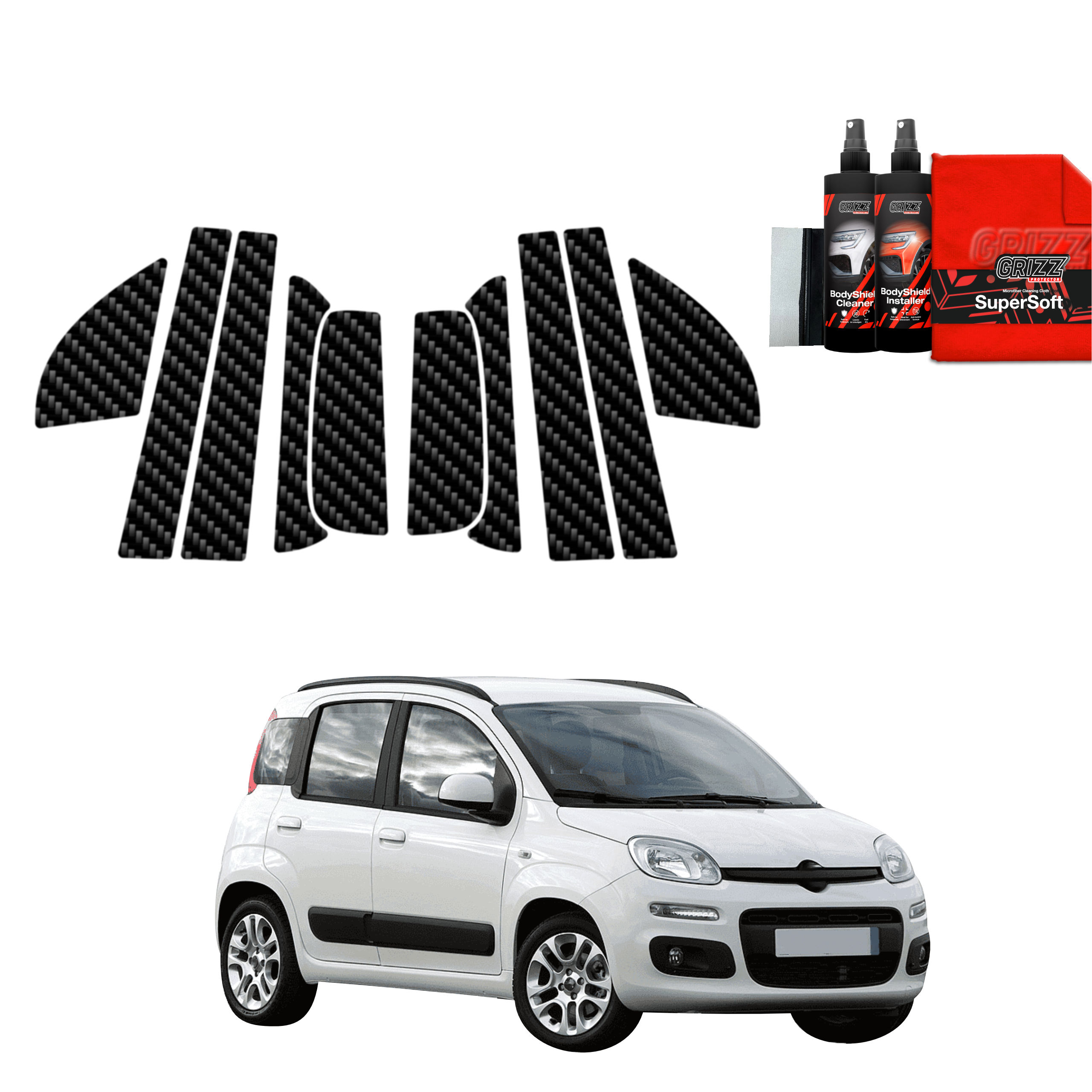 GrizzProtector 10in1 Carbon protective film for Fiat Panda 3 Hatchback 5D (2011-2016), cleaning kit, on white.