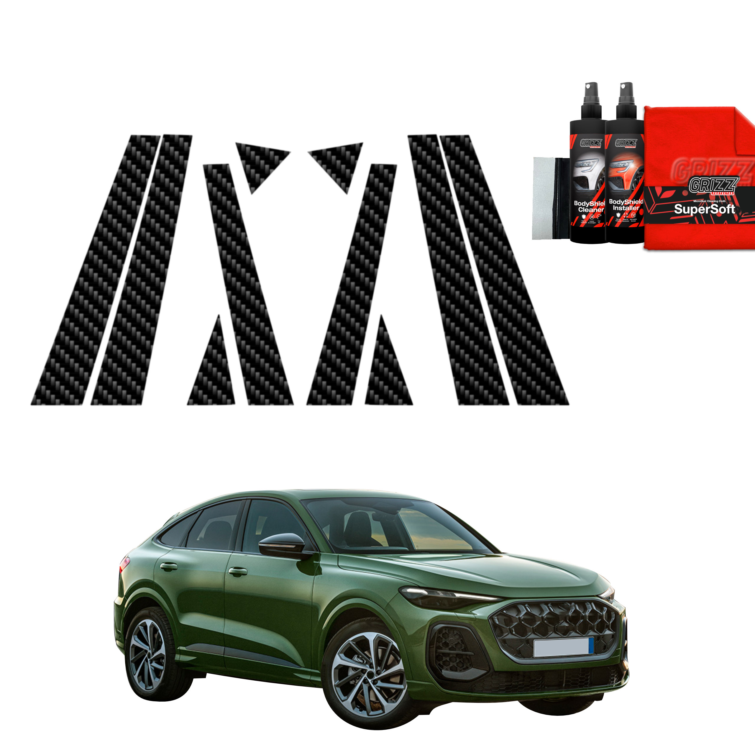 GrizzProtector 10in1 Carbon Protective Film for Audi Q5 Sportback (2025) shown with cleaning products on white backdrop.