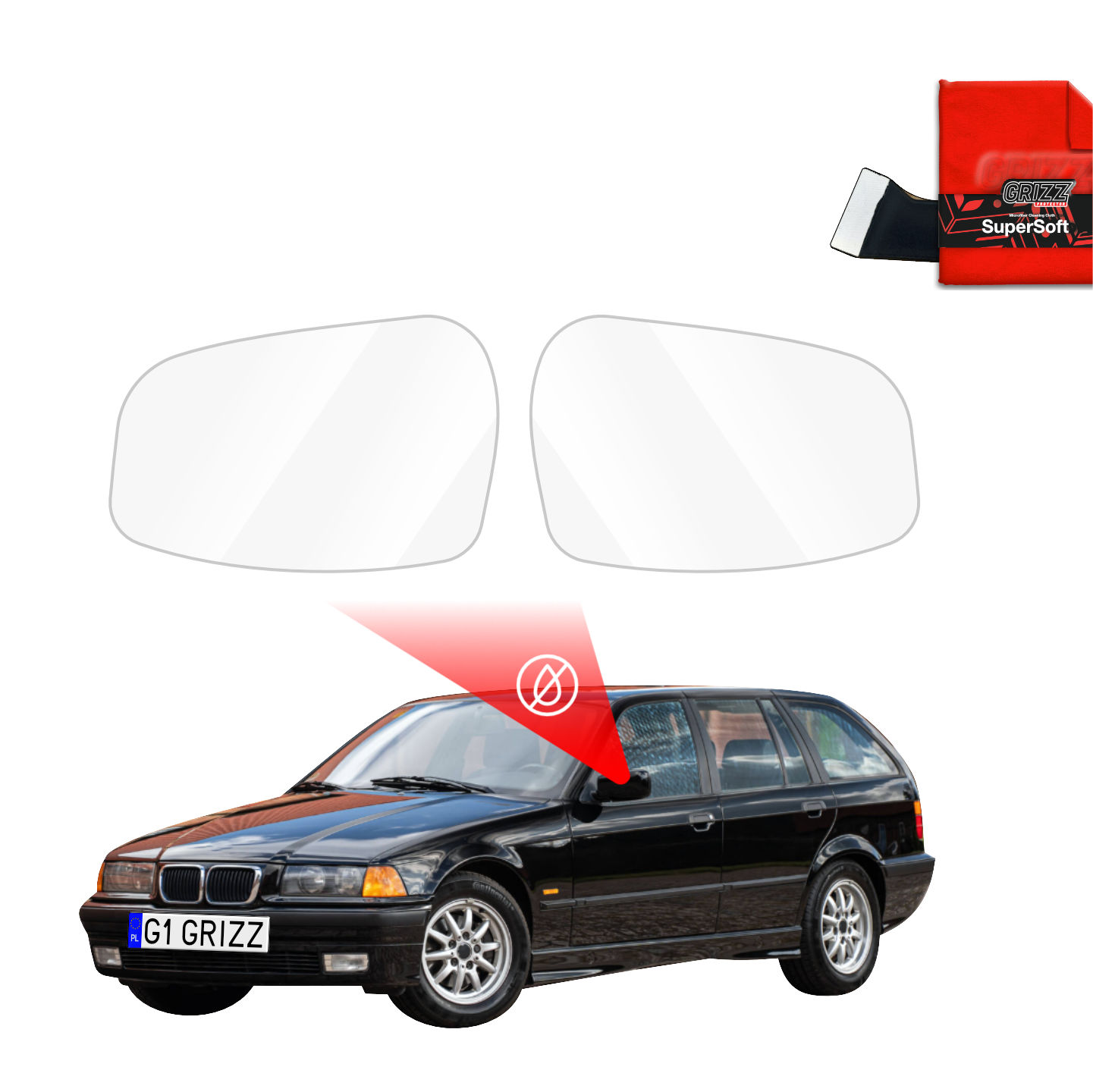 The image shows GrizzProtector Regenschutzfolie for BMW 3 E36 Kombi (1990-1999) and a cleaning cloth.