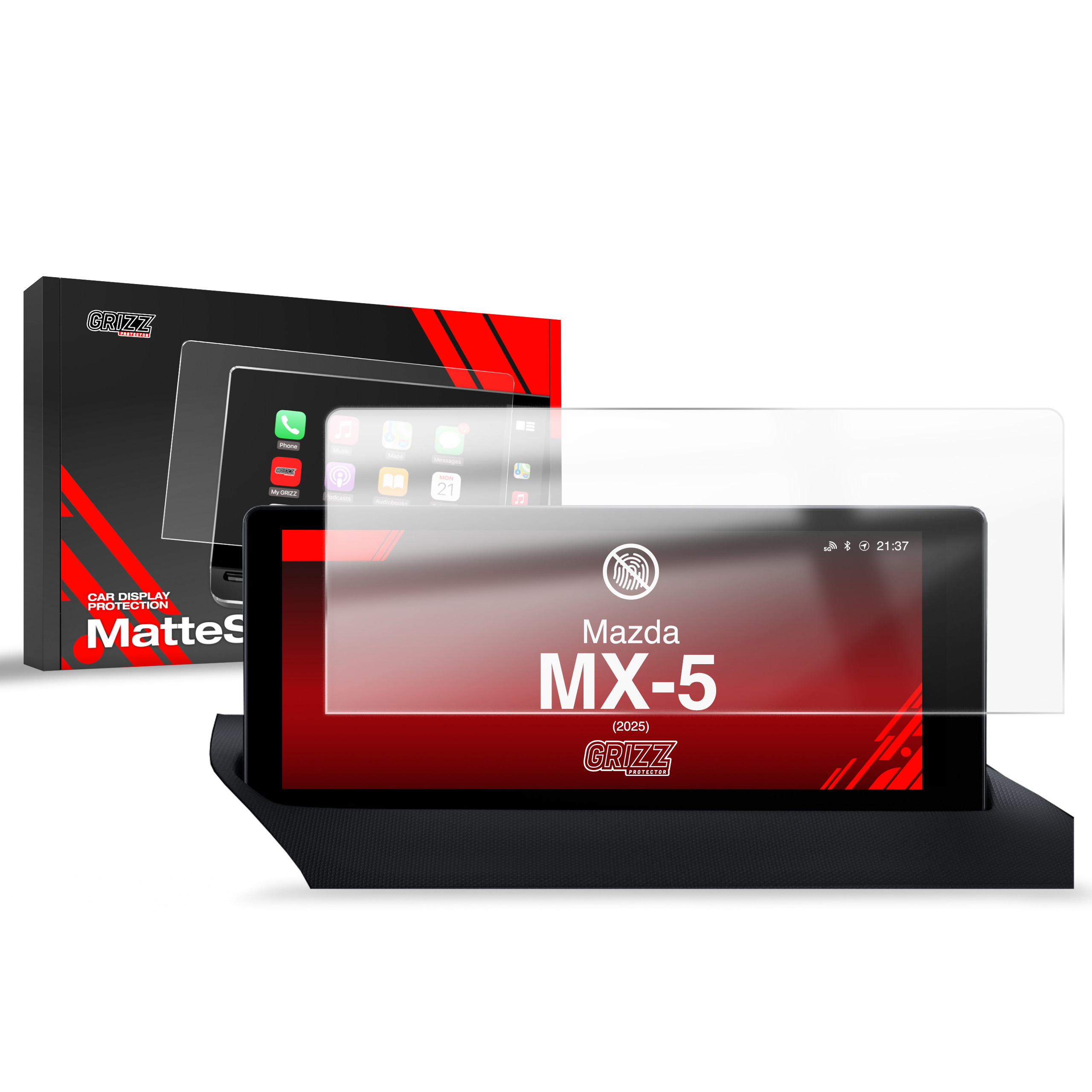 Folie de protecție pentru ecran GrizzProtector pentru Mazda MX-5 8,8" (2025), mată, anti-amprentă, cu ambalaj și tavă de montaj.
