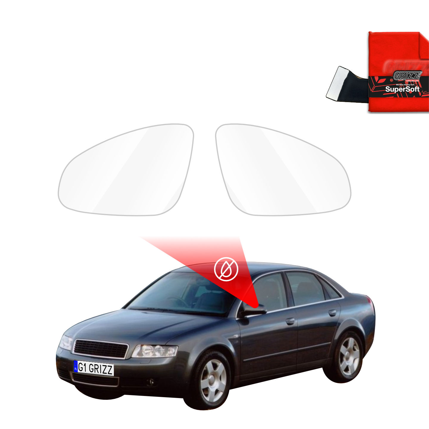 Two Regenschutzfolie for Audi A4 B6 Sedan by GrizzProtector above a black car, brand shown top right.