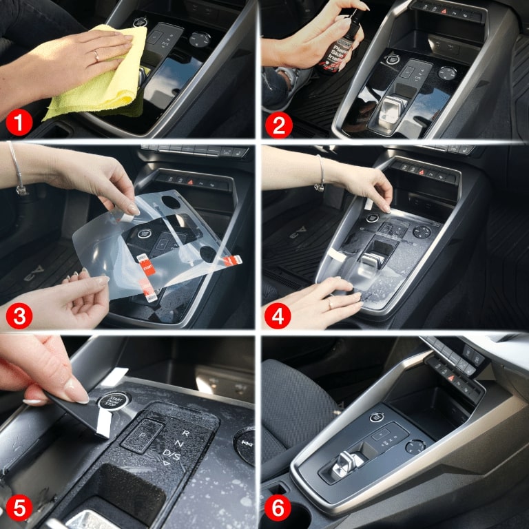 Six-step collage showing how to apply GrizzProtector 11in1 Schutzfolien for Kia Sportage 5’s center console and dash.