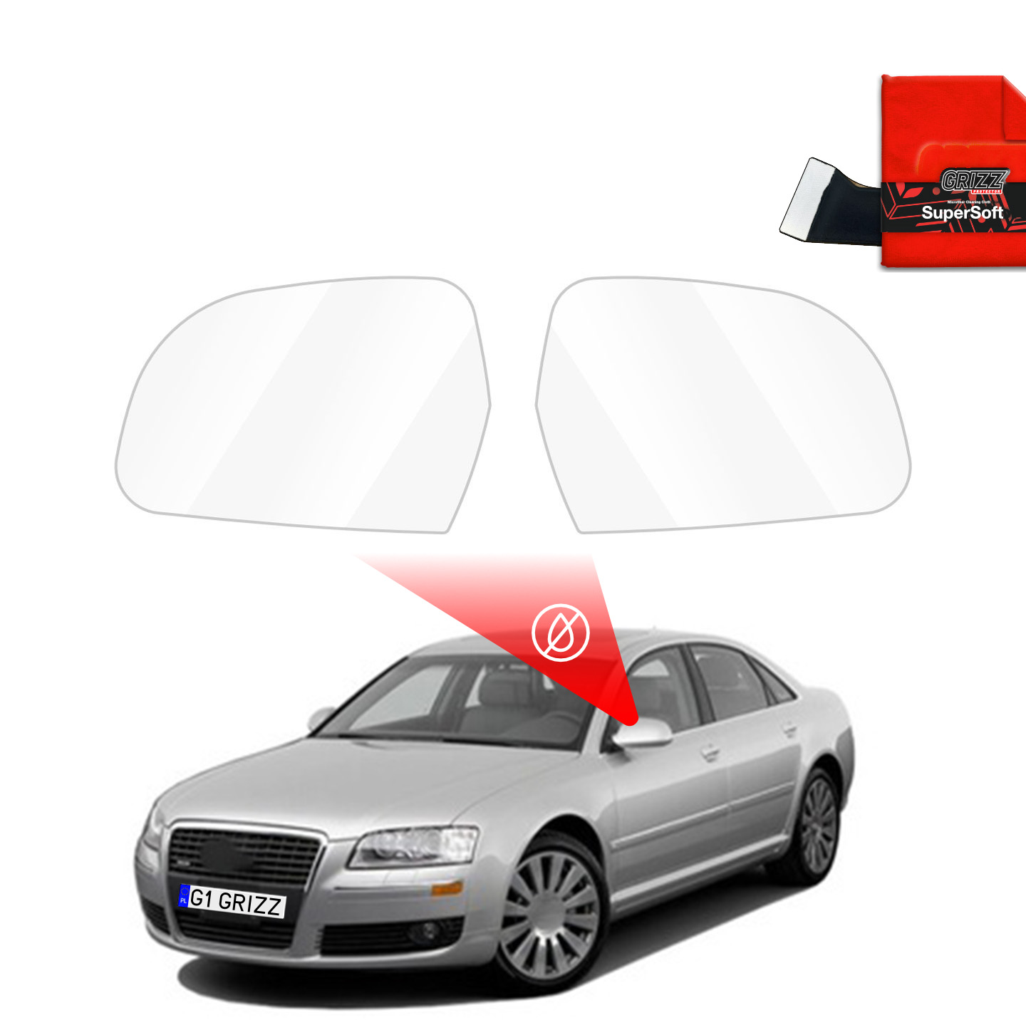 Two GrizzProtector Regenschutzfolie für Außenspiegel for Audi A8 D3 shown above a white sedan with squeegee and red cloth.
