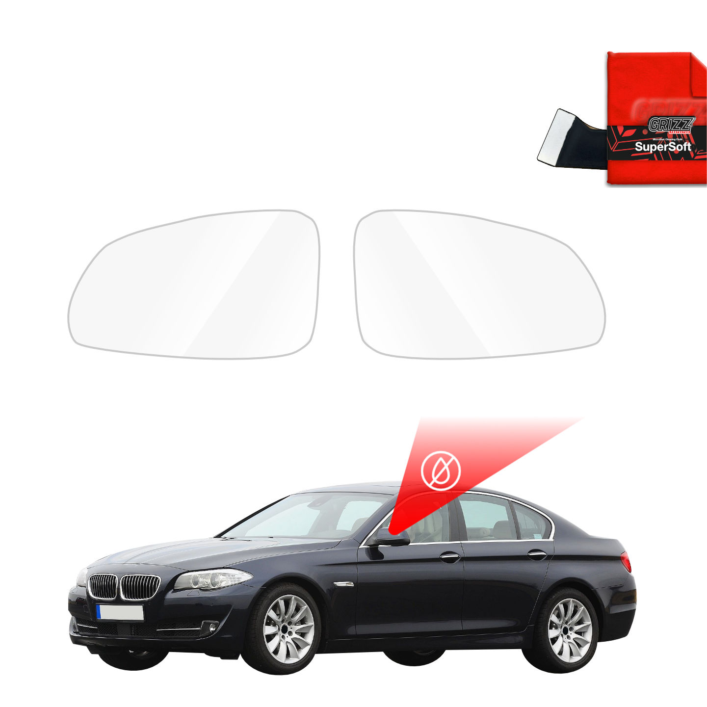 Two GrizzProtector Regenschutzfolie for BMW 5 F10 Sedan PreLCI (2010-2012) and a red cleaning cloth.