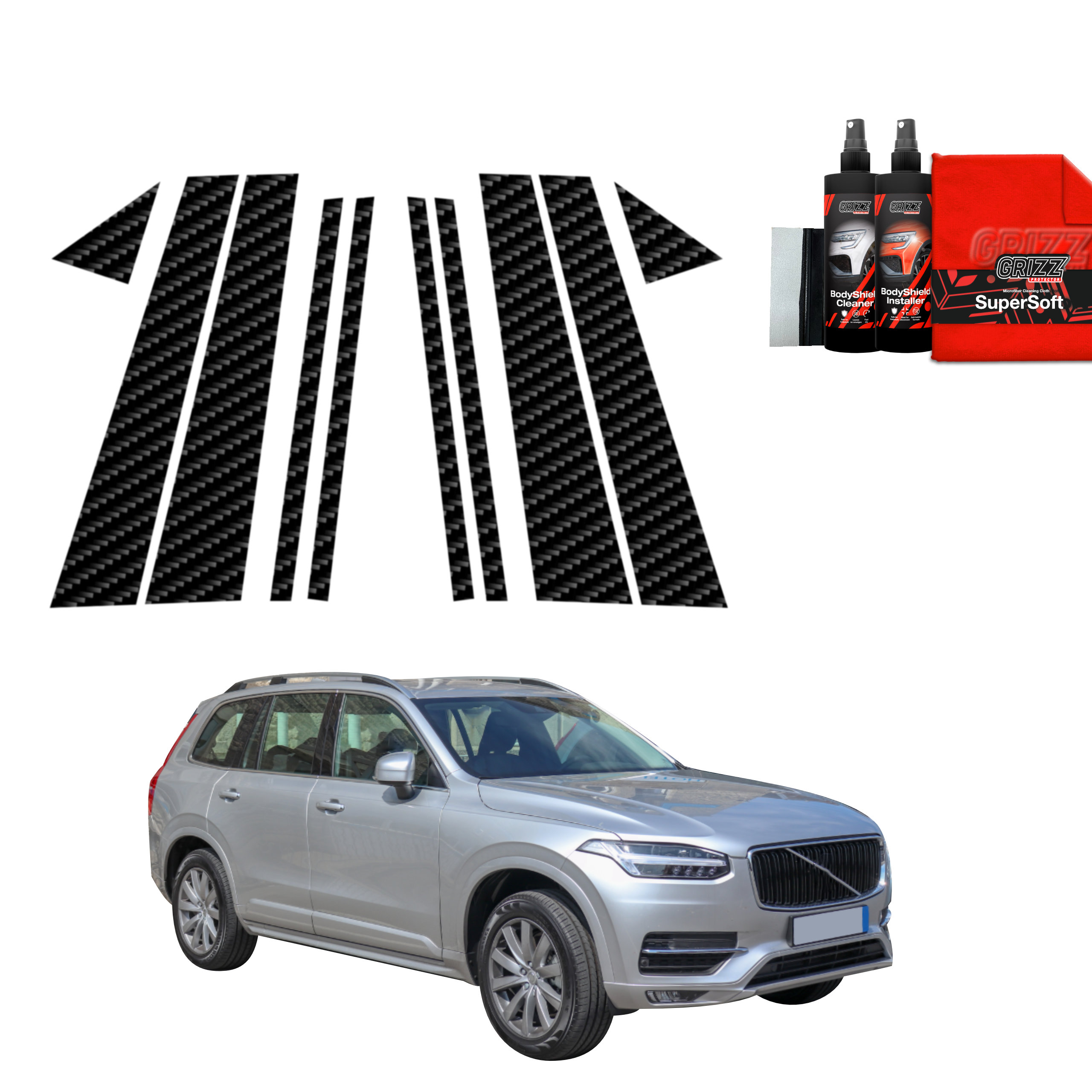 Folie de protecție GrizzProtector 10în1 pentru stâlpii A-B-C Volvo XC90 (2014-2024), incl. produse de curățare, argintiu pe alb.