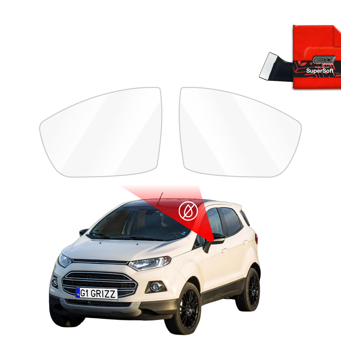 GrizzProtector Regenschutzfolie für Außenspiegel Ford EcoSport (2012-2016), gezeigt über weißem SUV mit rotem Tuch und Schaber.