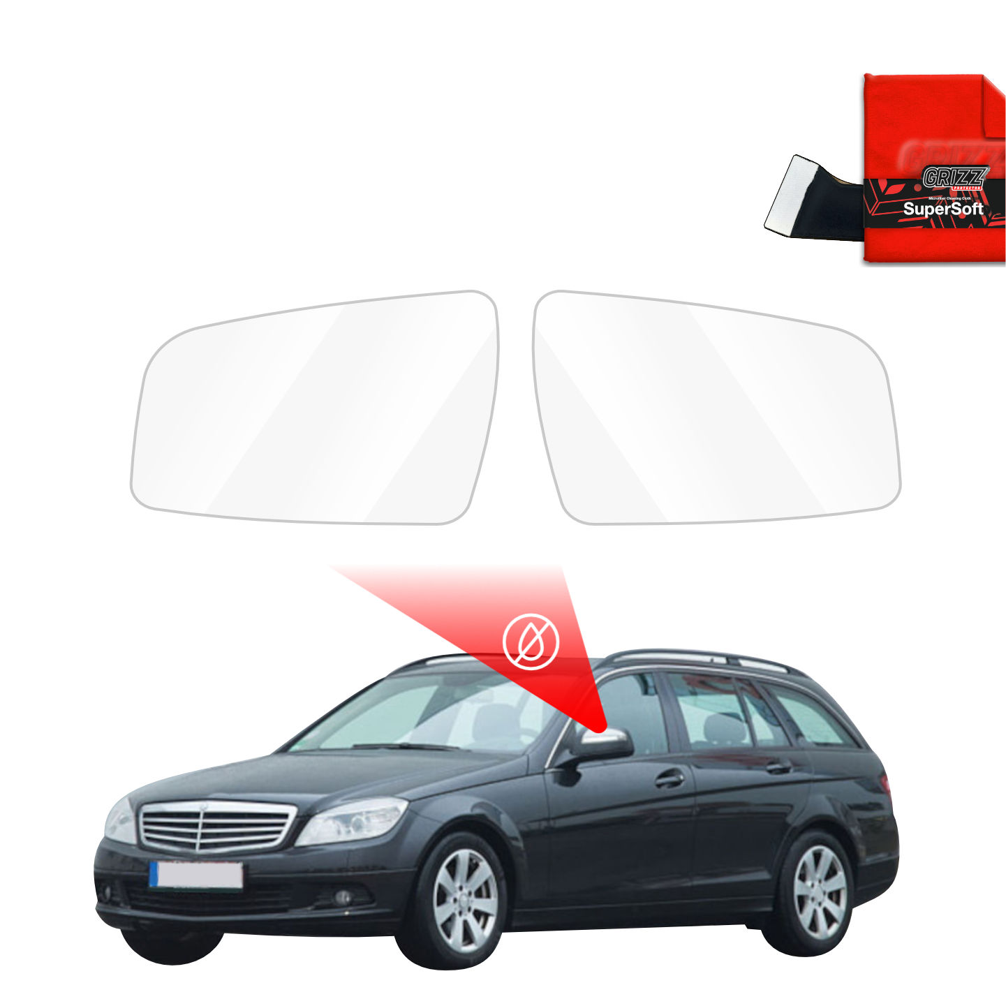 Two GrizzProtector Regenschutzfolie for Mercedes Benz C Klasa S204 Kombi (2007-2011) with red ZeroDrop cloth.