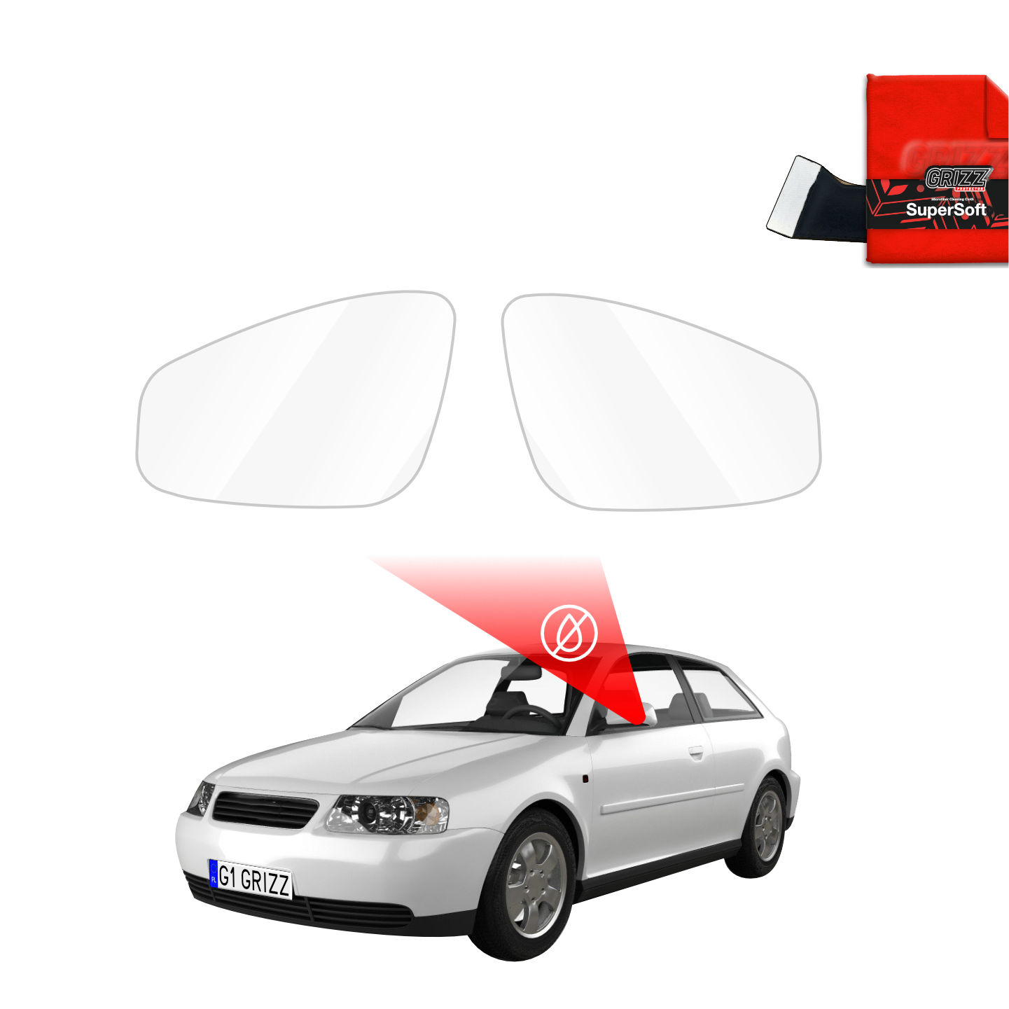 Two GrizzProtector Regenschutzfolie for Audi A3 8L Hatchback (1996-2003) shown above white car with red warning light.
