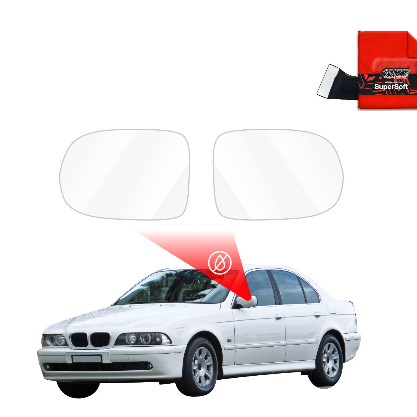 Two GrizzProtector side mirror glasses, cleaning cloth & Regenschutzfolie für BMW 5 E39 Sedan (1995-2003).