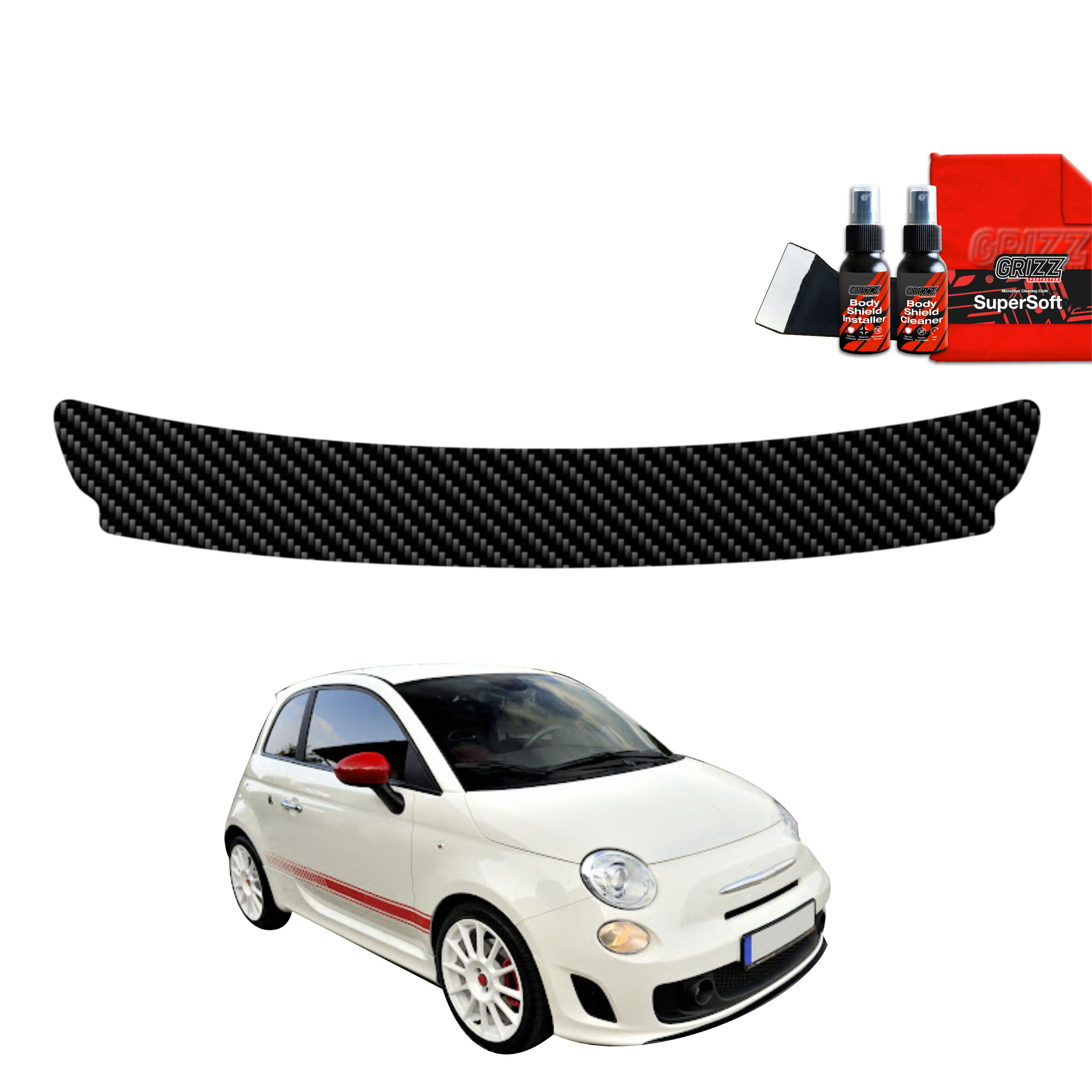 White Abarth 500 (2016-2023) with carbon protective film by GrizzProtector and car care products displayed above.