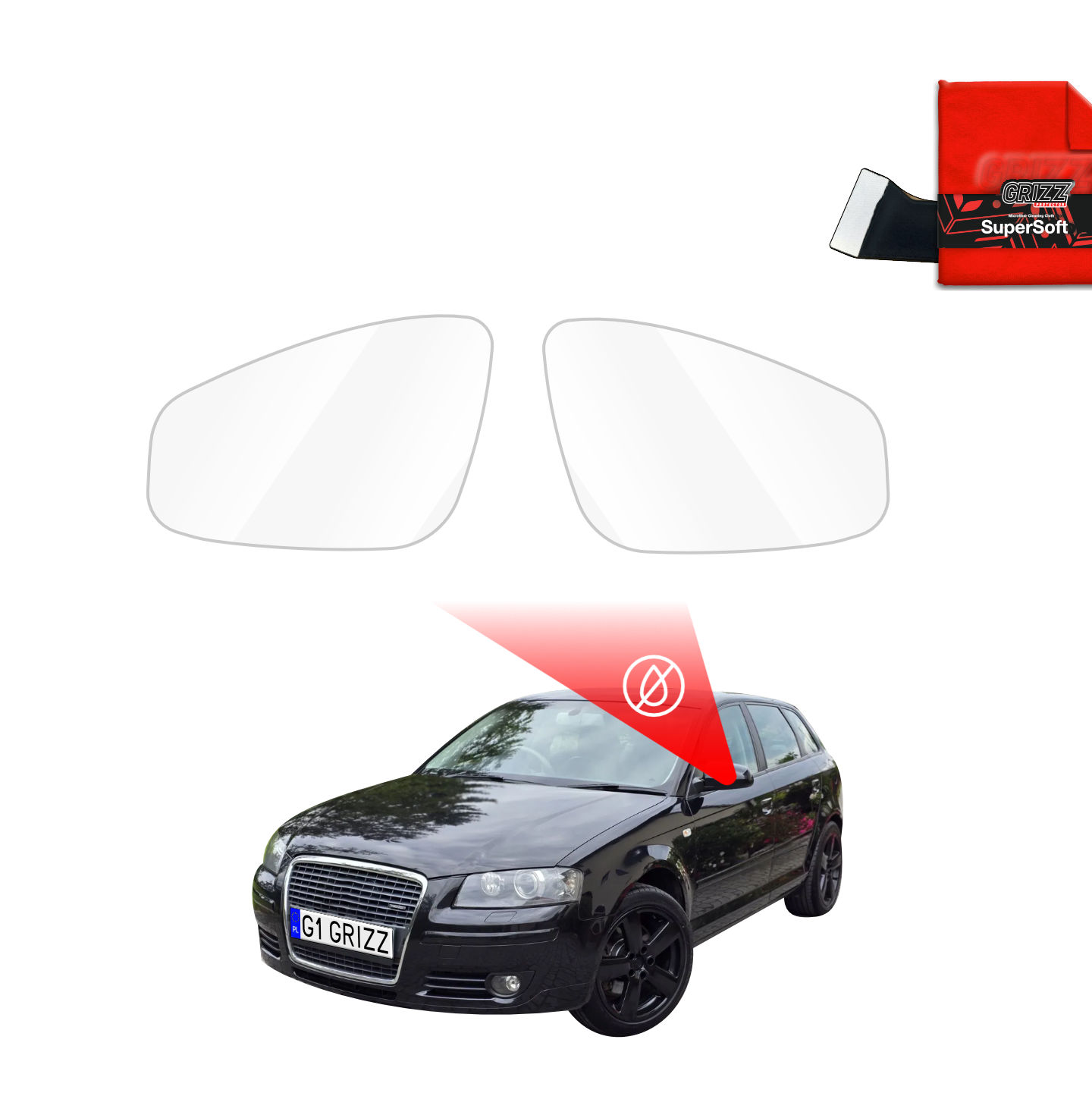 Two GrizzProtector Regenschutzfolie for Audi A3 8P mirrors, a cleaning cloth, and a spotlight.