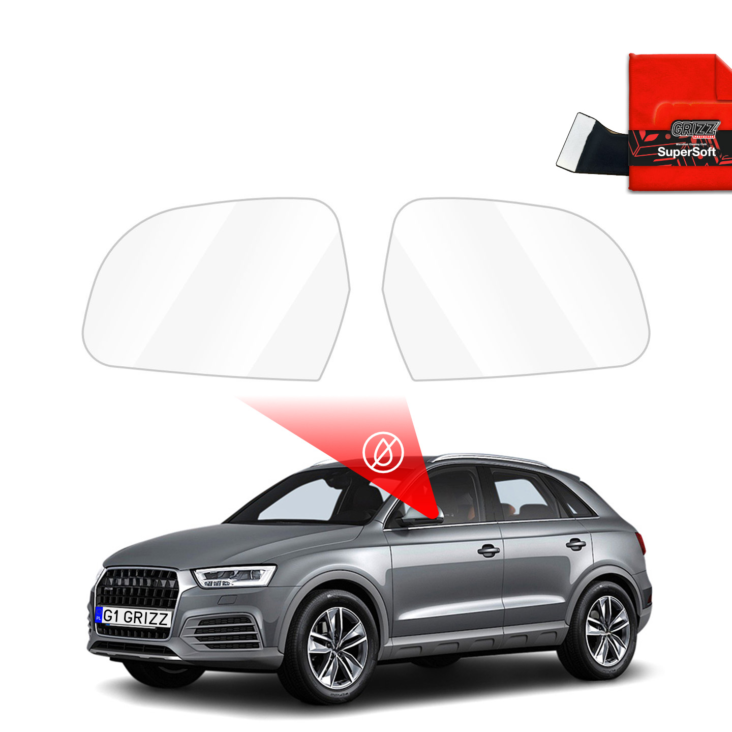Two GrizzProtector Regenschutzfolie for Audi Q3 8U (2011-2018) and a red cloth shown above a gray SUV.