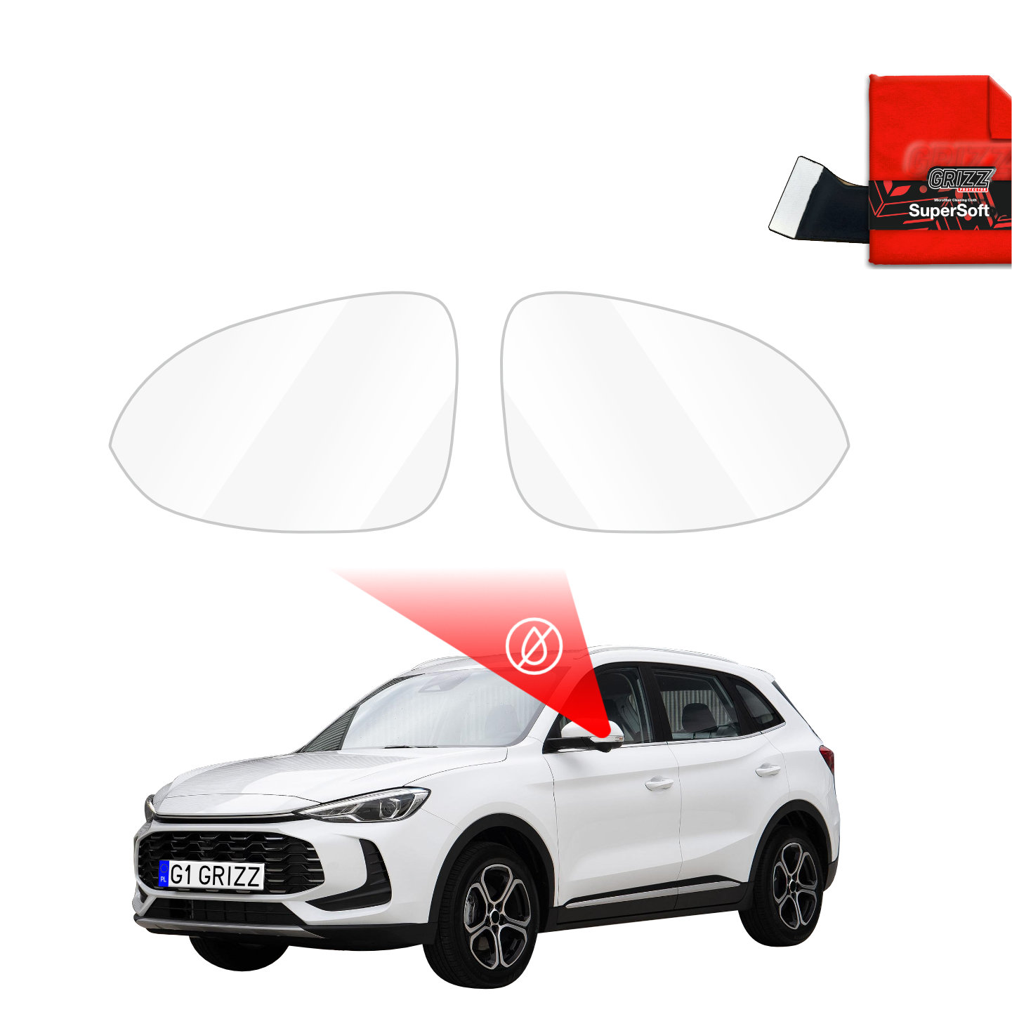 Two GrizzProtector Regenschutzfolien for MG ZS (2019-2025) shown above a white SUV with a red cloth and glare.