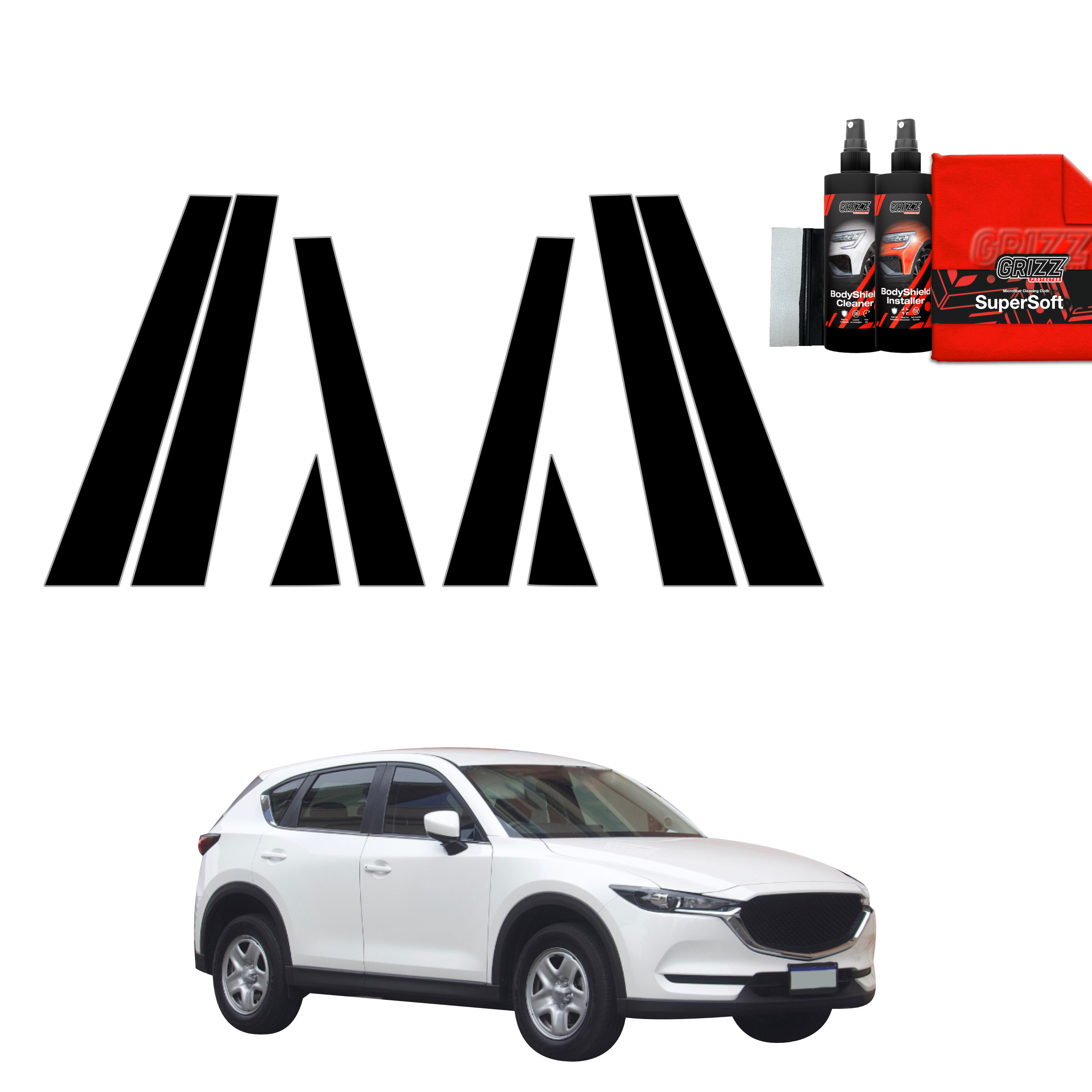 GrizzProtector 8in1 black B-C pillar film for Mazda CX5 KF (2016-2025)—perfect for your white SUV.