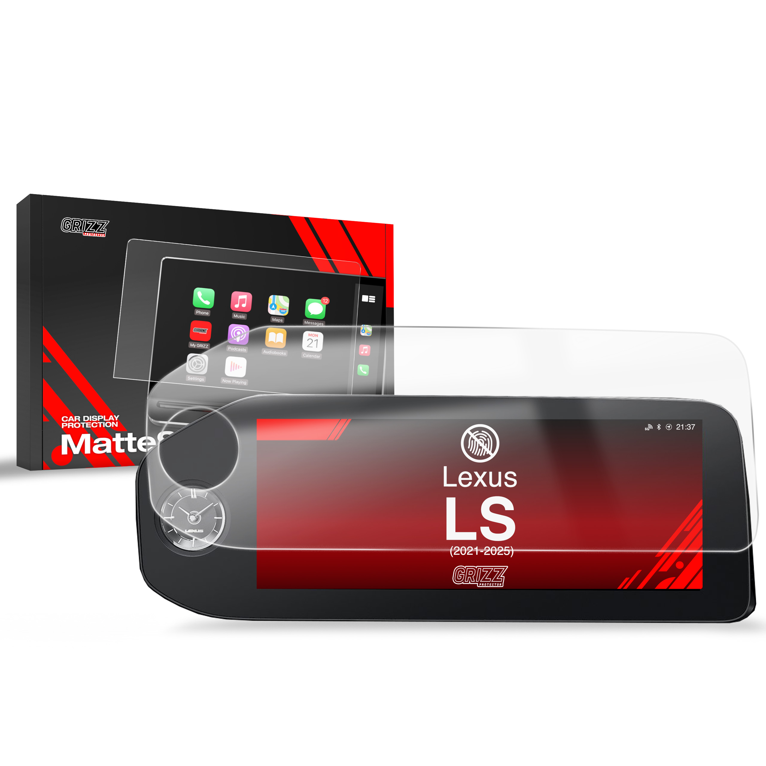 GrizzProtector Displayschutzfolie 12,3" matt & anti-fingerprint für Lexus LS 2021-2025, mit Verpackung und Display.