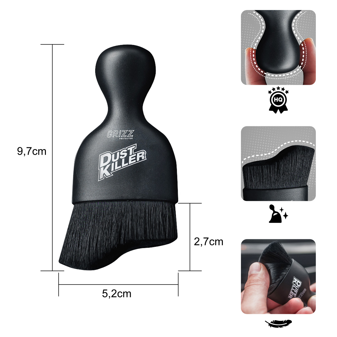 GrizzProtector Dust Killer Auto Detailbürste mit ergonomischem Griff, Größenangabe und Anwendungsbeispielen.
