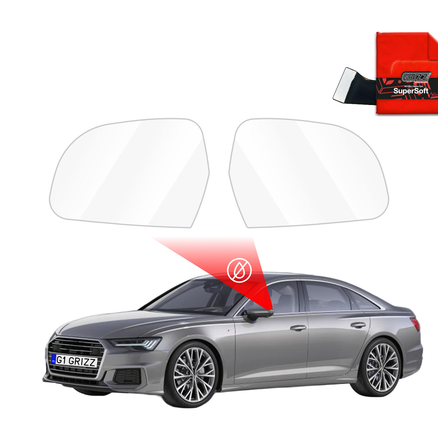 Two clear GrizzProtector Regenschutzfolie for Audi A6 C8 Außenspiegel, shown with red cloth and squeegee.