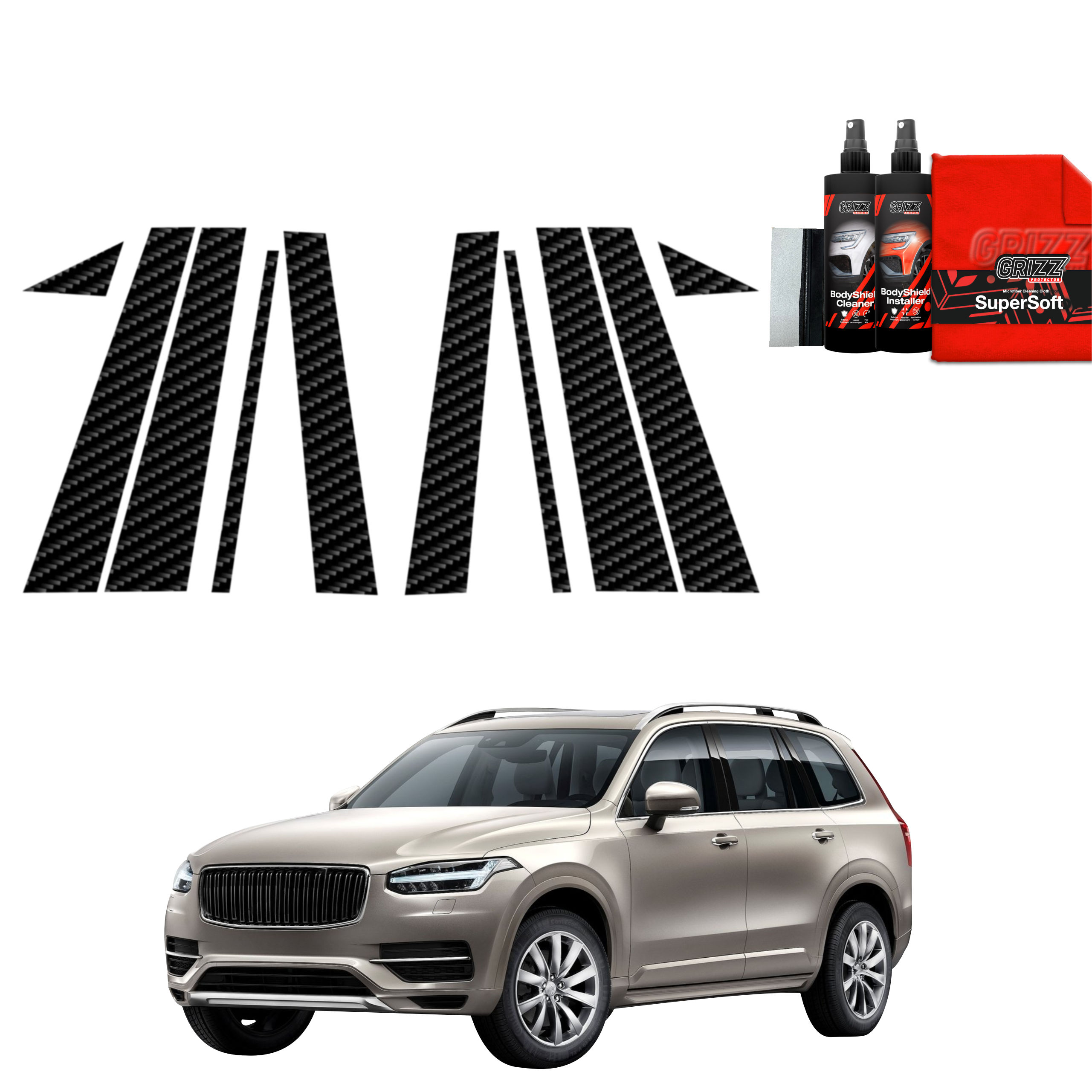 GrizzProtector 10in1 Kohlenstoff schutzfolie B-C-Säule für Volvo XC90 (2015-2020), inkl. Spray & Tuch.