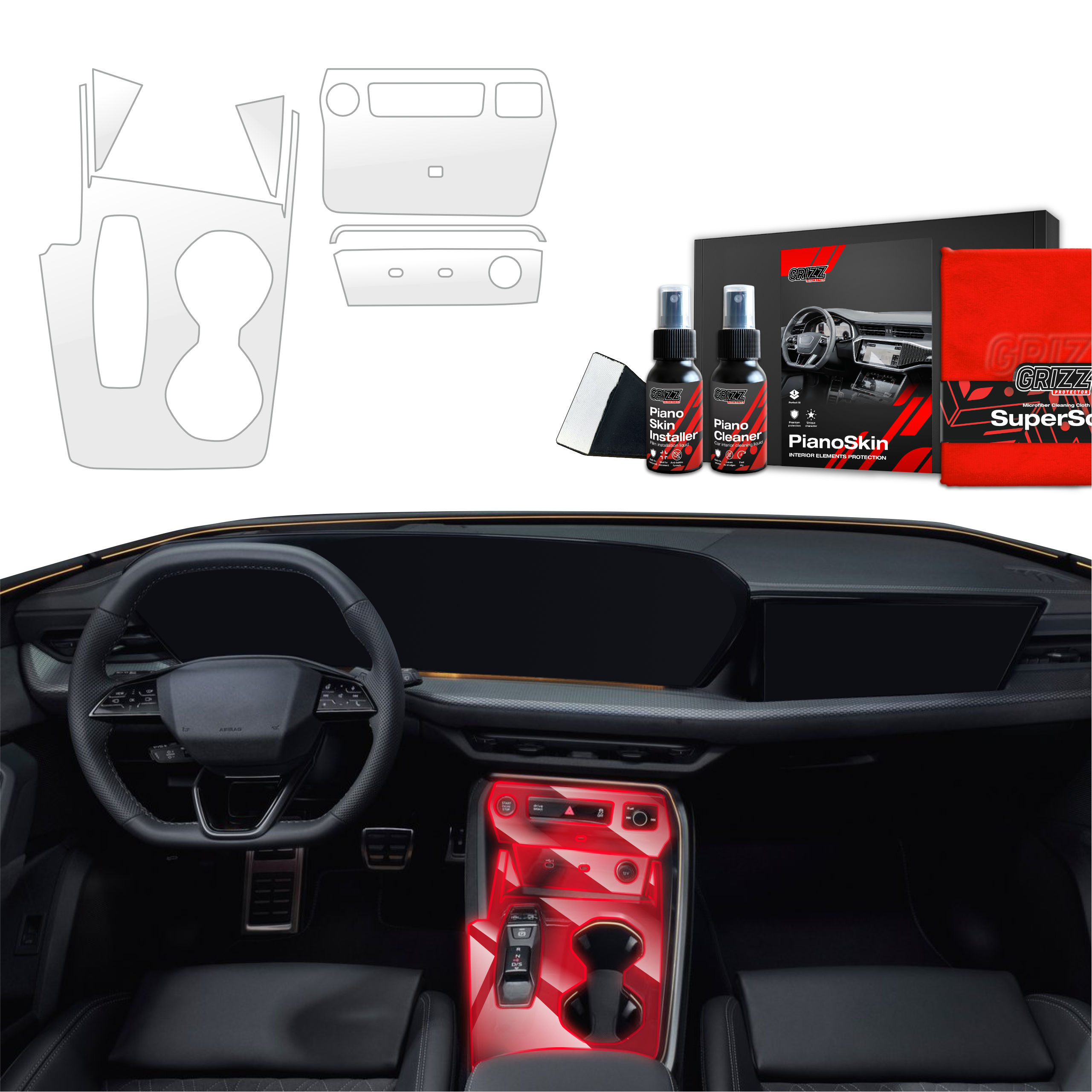 GrizzProtector 6in1 Mittelkonsole Schutzfolie Glanz kit for Audi Q5 (2025) with sprays & templates for dashboard protection.