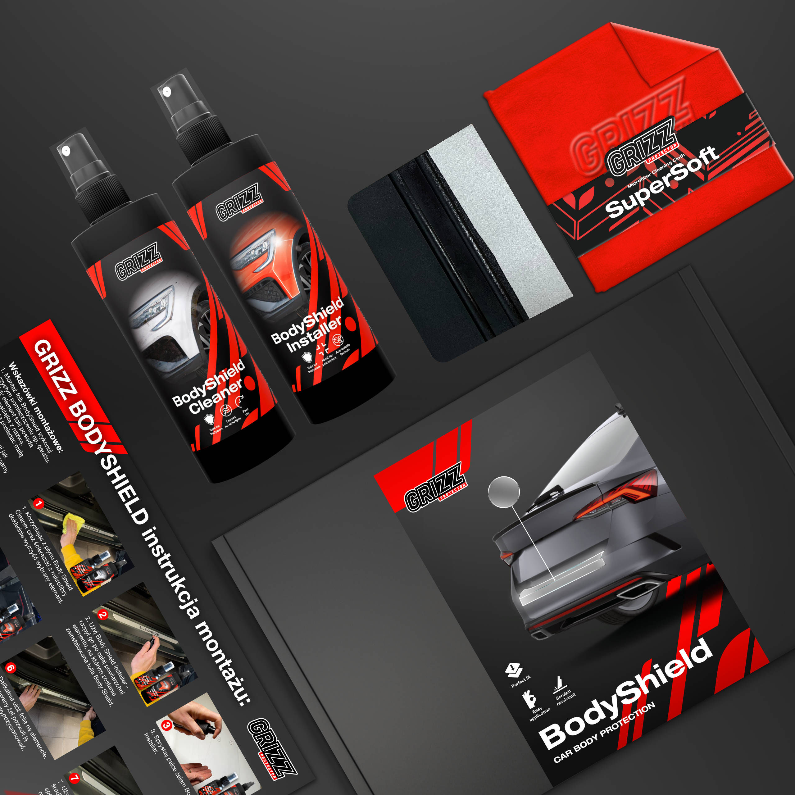 GrizzProtector 10in1 carbon protective film for BMW 5 E61 Touring LCI—includes spray bottles, squeegee, and red cloth.