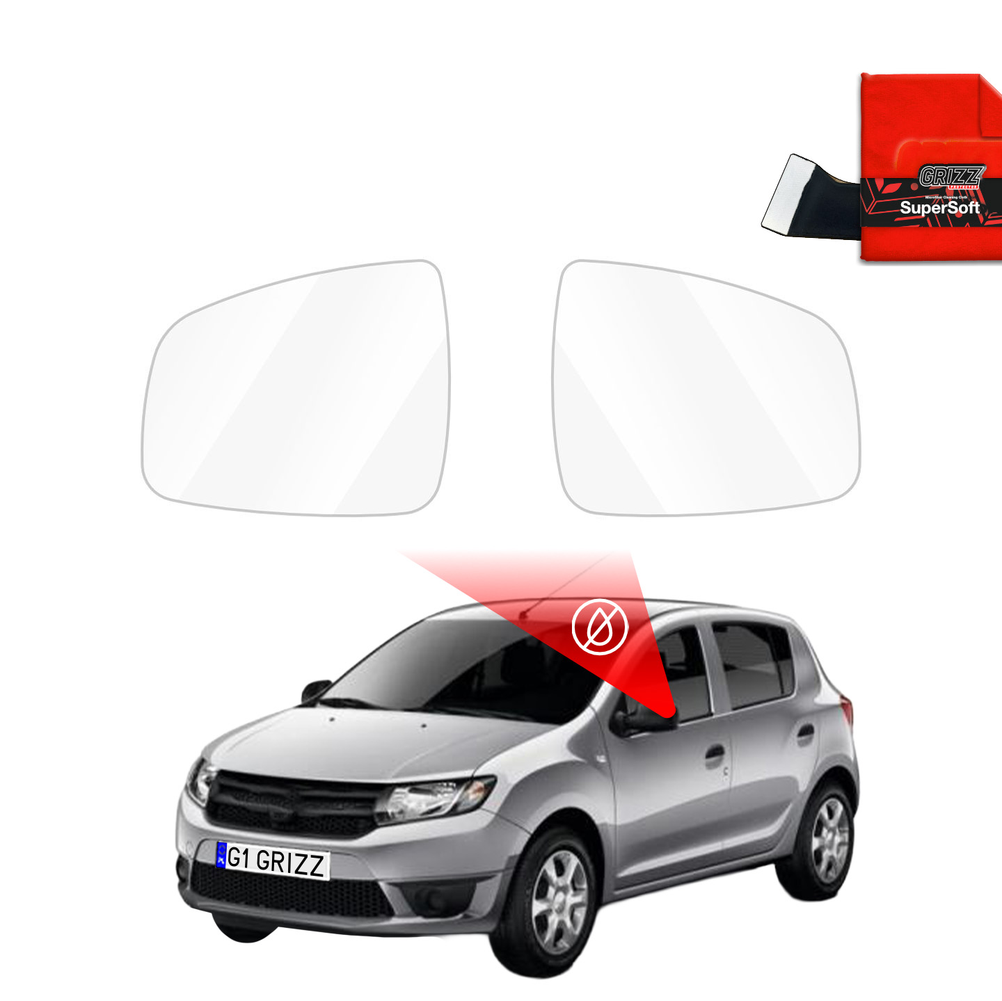 Two GrizzProtector Regenschutzfolie sets for Dacia Sandero 2 mirrors with ZeroDrop Folie cleaning cloth shown above a silver hatchback.