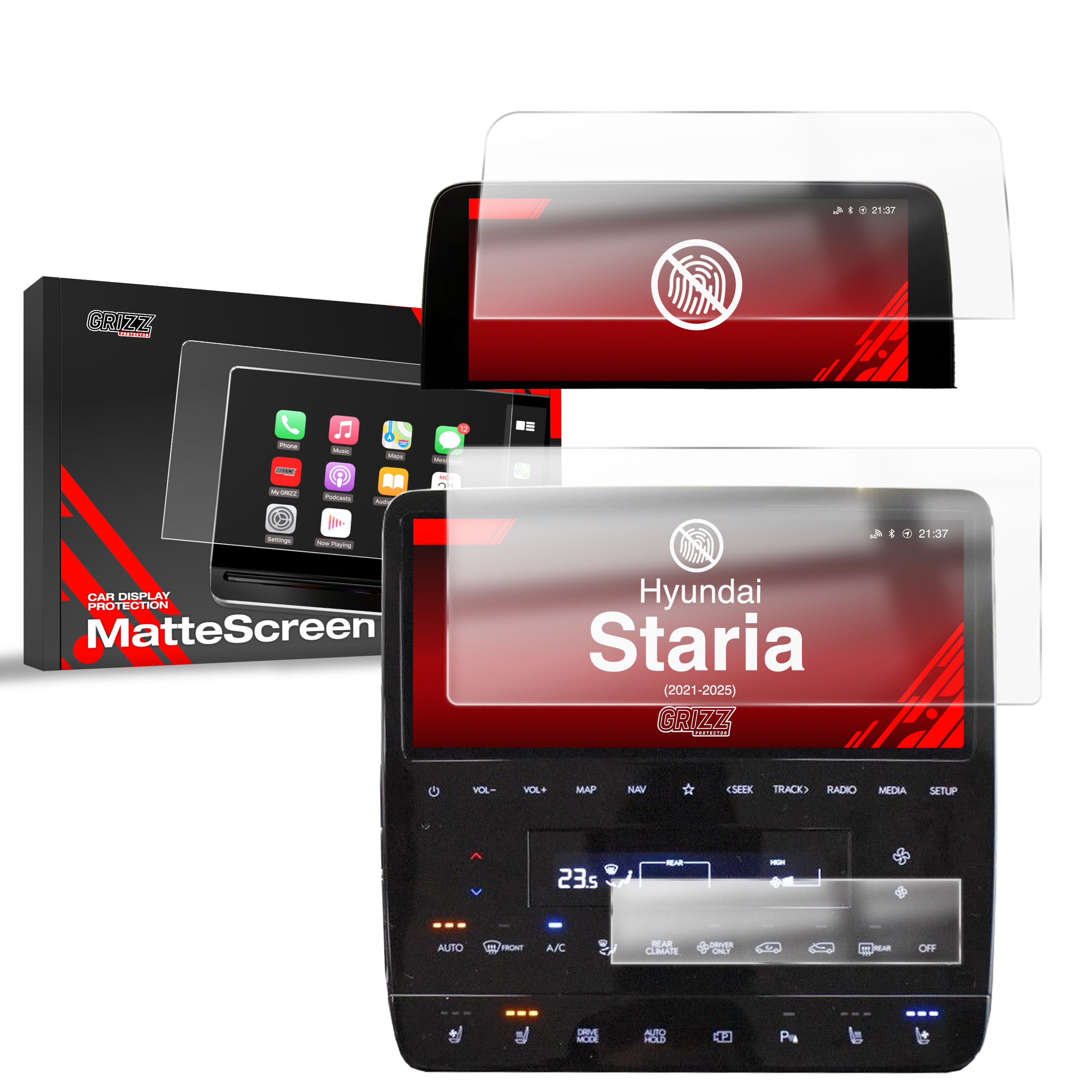 GrizzProtector 3in1 folie de protecție pentru ecran Hyundai Staria 10,25" (2021-2025), mată și anti-amprentă, pe ecran și în ambalaj.
