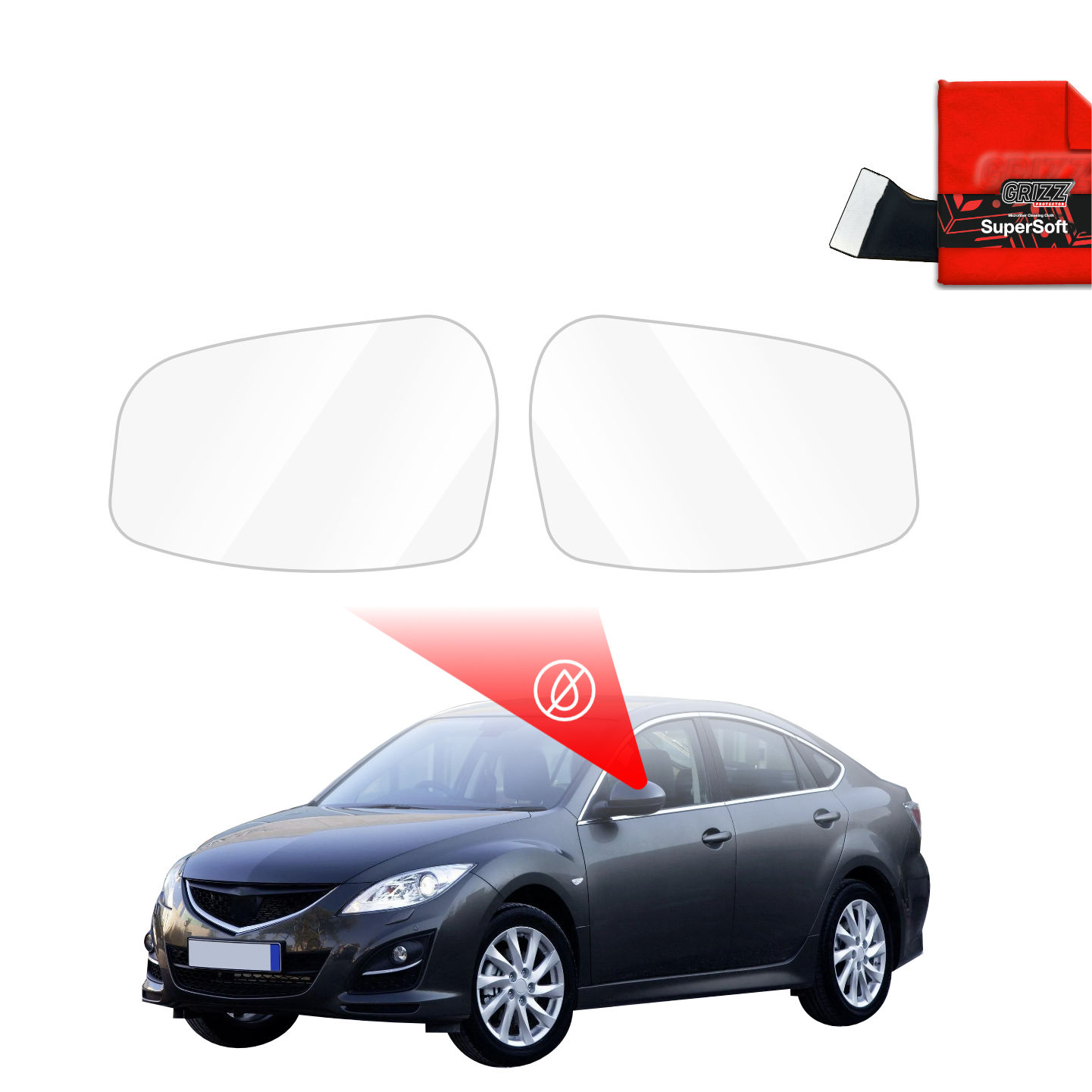 Two GrizzProtector Regenschutzfolien for Mazda 6 2 Sedan (2010-2013) above a black car, red cloth and squeegee nearby.