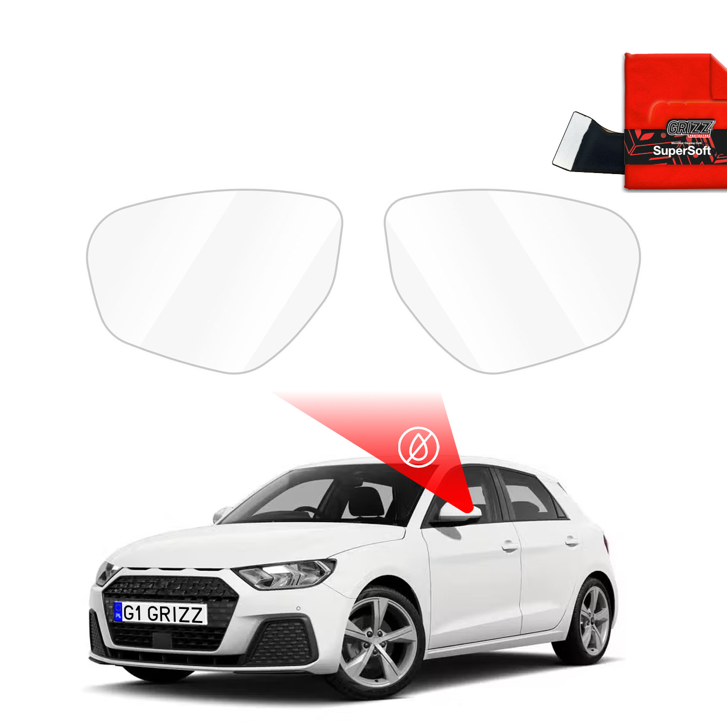 A white Audi A1 FY (2023-2025) with GrizzProtector Regenschutzfolie for side mirrors and a red cloth.