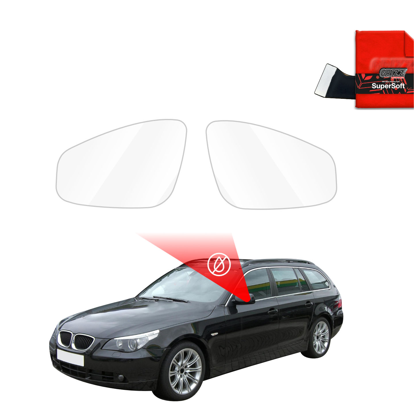 Two GrizzProtector Regenschutzfolie für Außenspiegel sets for BMW 5 E61 Kombi PreLCI (2003-2007) shown above.