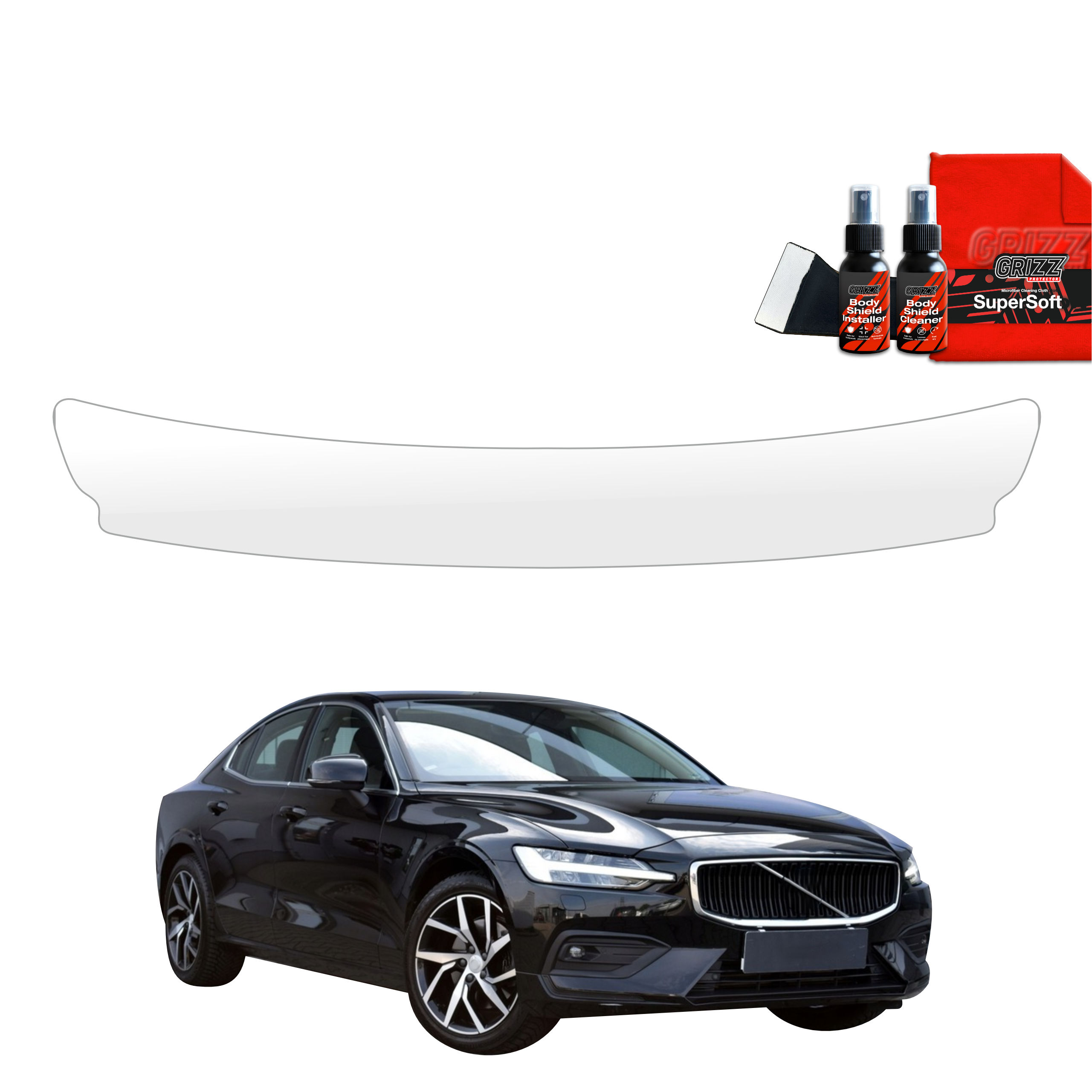 GrizzProtector Schutzfolie für Ladekante for Volvo S60 3 Sedan (2019-2024) with care kit shown on white background.