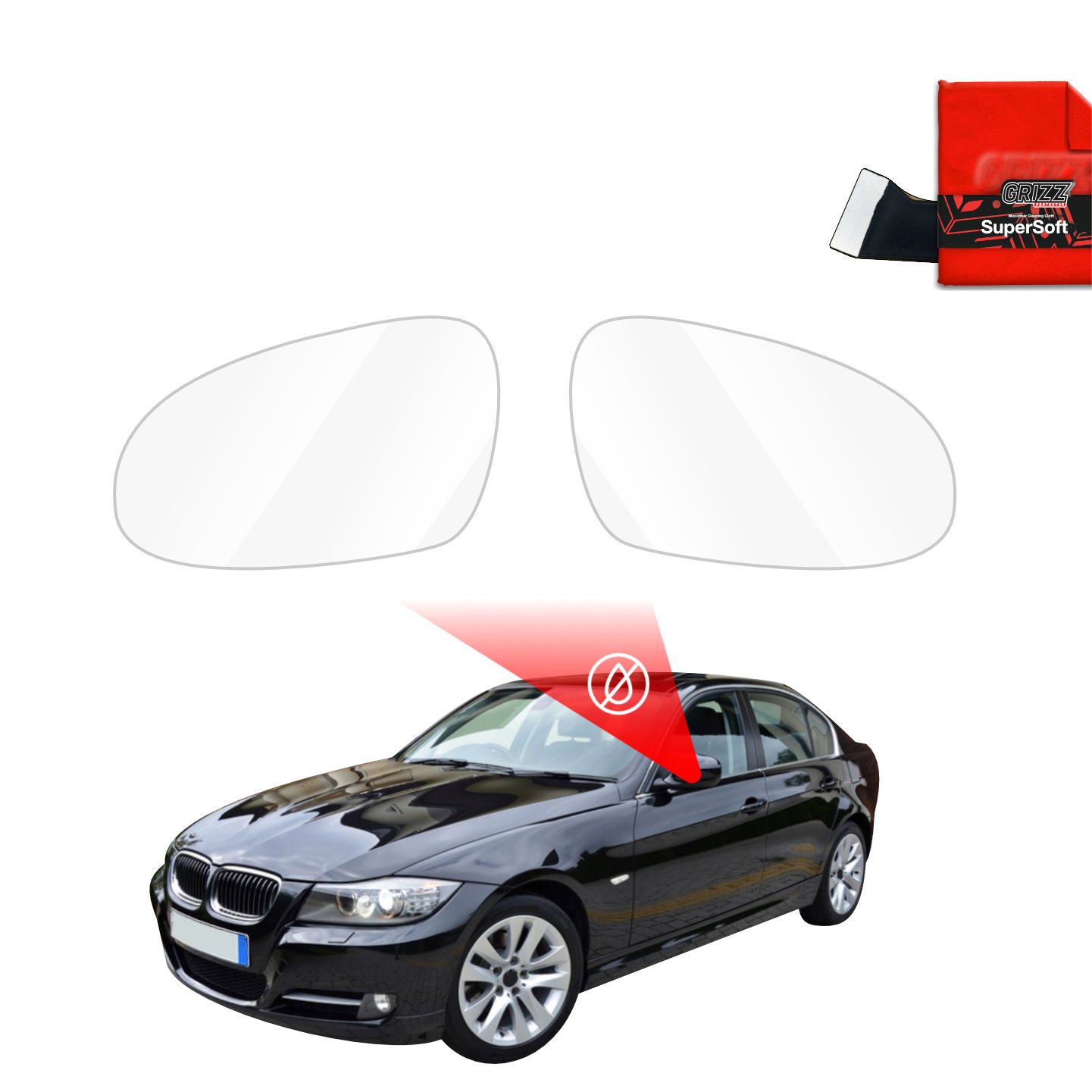 Two mirror glasses, a cleaning cloth, and a GrizzProtector rain film for BMW 3 E90 Sedan LCI (2008-2012).