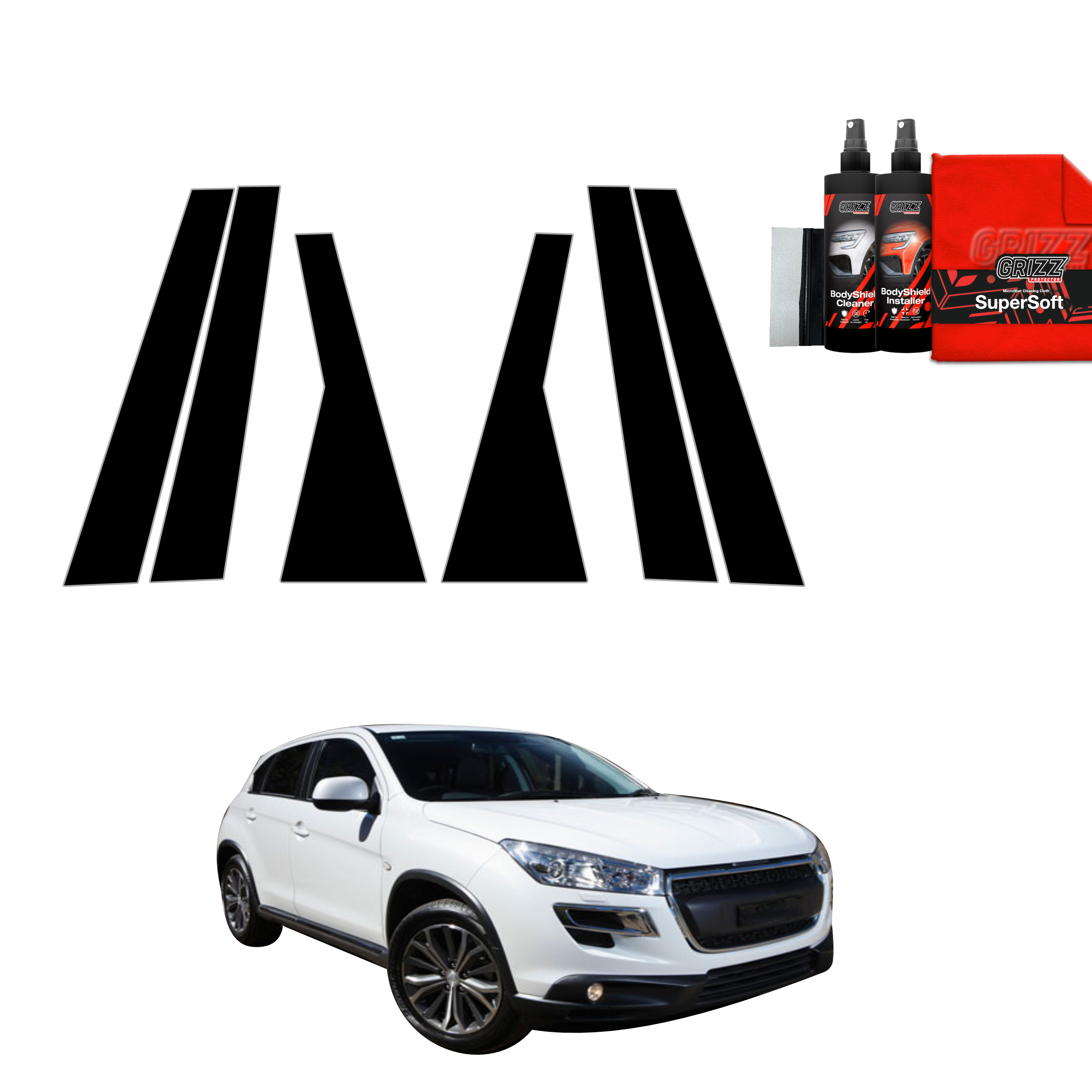 A white Peugeot 4008 with GrizzProtector 6in1 Schwarze Schutzfolie on a white background, plus car care products.