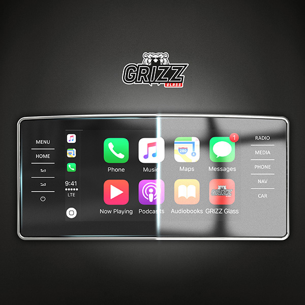 A digital car dashboard shows app icons and GrizzProtector logo, featuring 2in1 Displayschutzfolie für Opel Frontera (2025), matt.