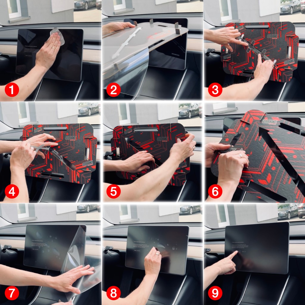 Nouă pași arată mâinile aplicând folia de protecție GrizzProtector pentru ecranul Cupra Formentor 10" mată, terminând cu ecranul în uz.