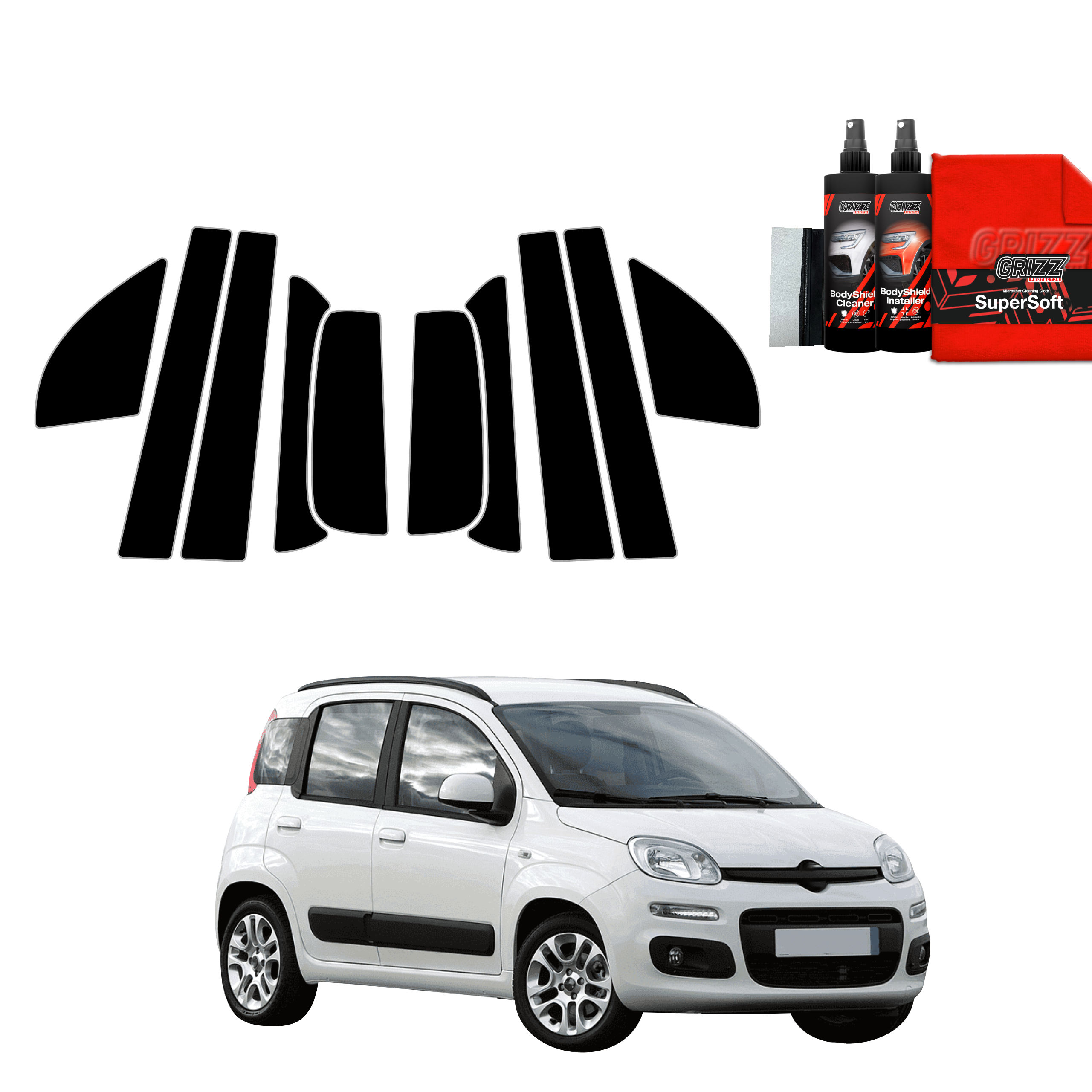 GrizzProtector 10in1 black protective film for Fiat Panda 3 Hatchback, presented on a white background.