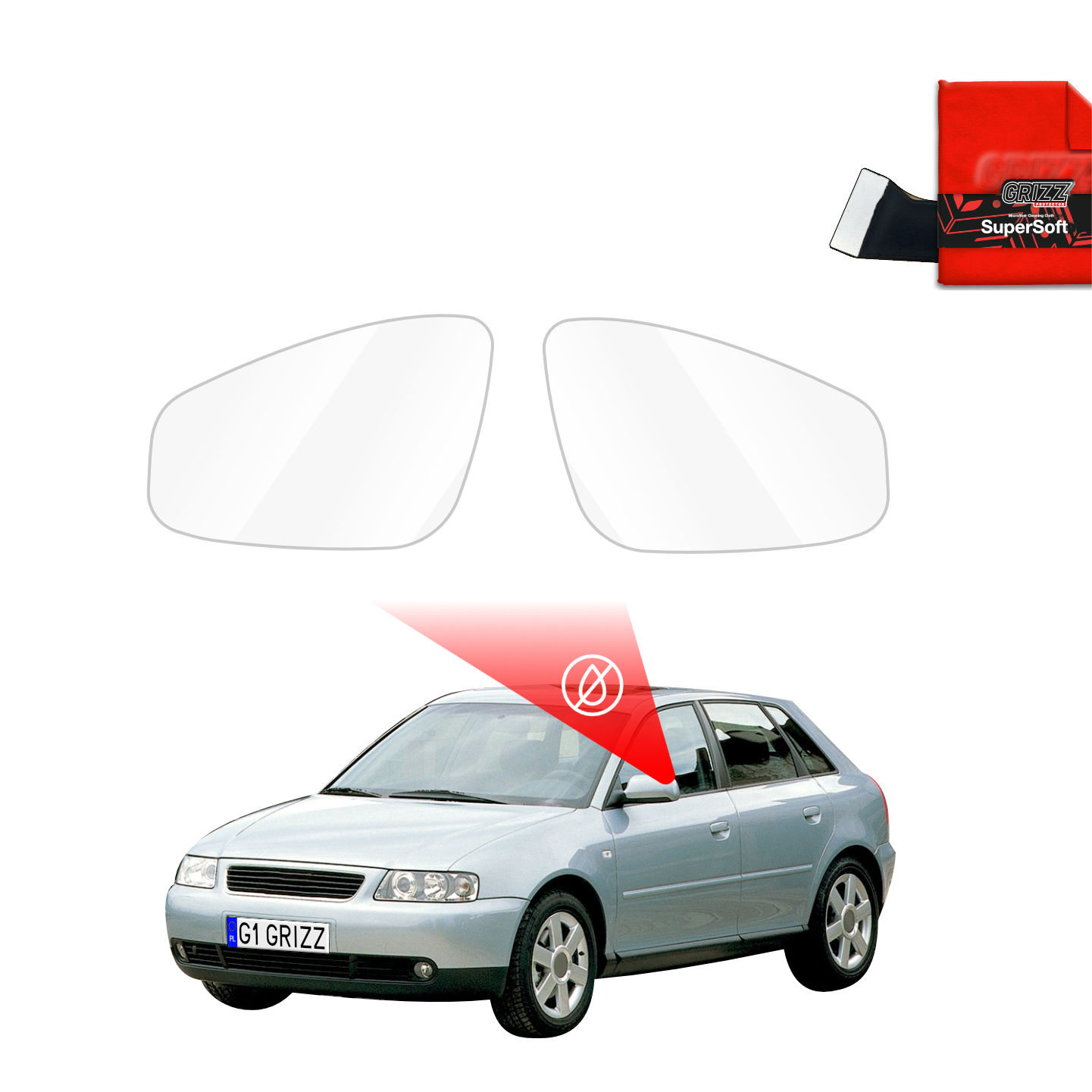 Two GrizzProtector Regenschutzfolie for Audi A3 8L Hatchback mirrors above a silver car, ZeroDrop cloth in corner.