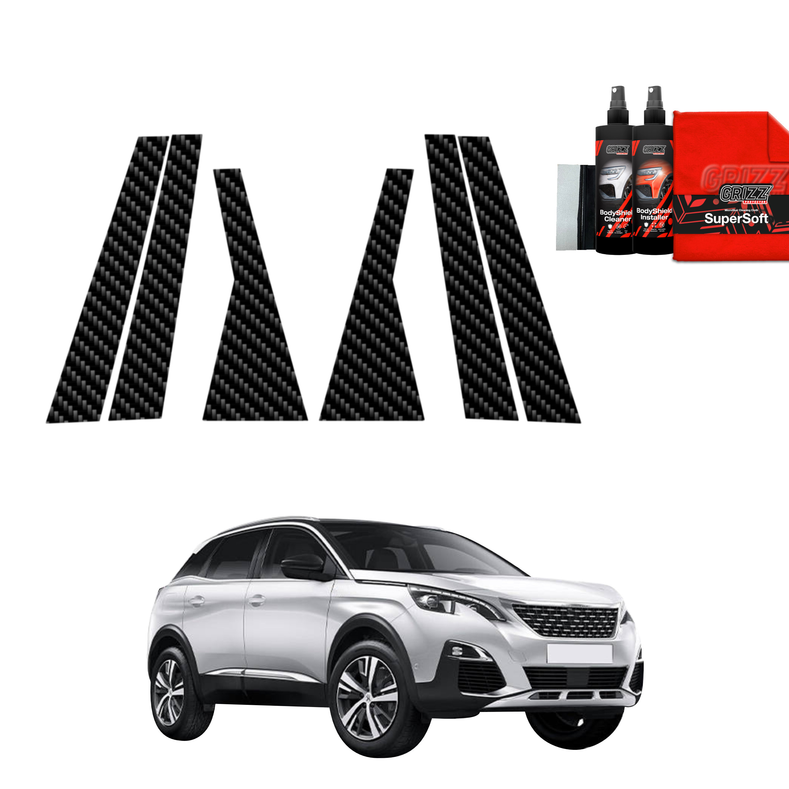 GrizzProtector 6in1 Carbon B-C Pillar Trim for Peugeot 3008 (2016-2024) with cleaner, red cloth, on white SUV.
