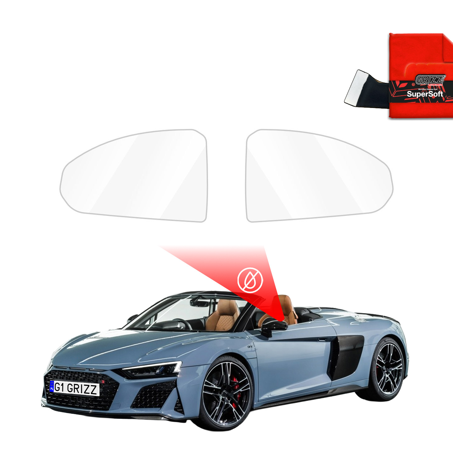 GrizzProtector Regenschutzfolie für Außenspiegel Audi R8 Spyder (2018-2021) kit reduces side mirror glare.